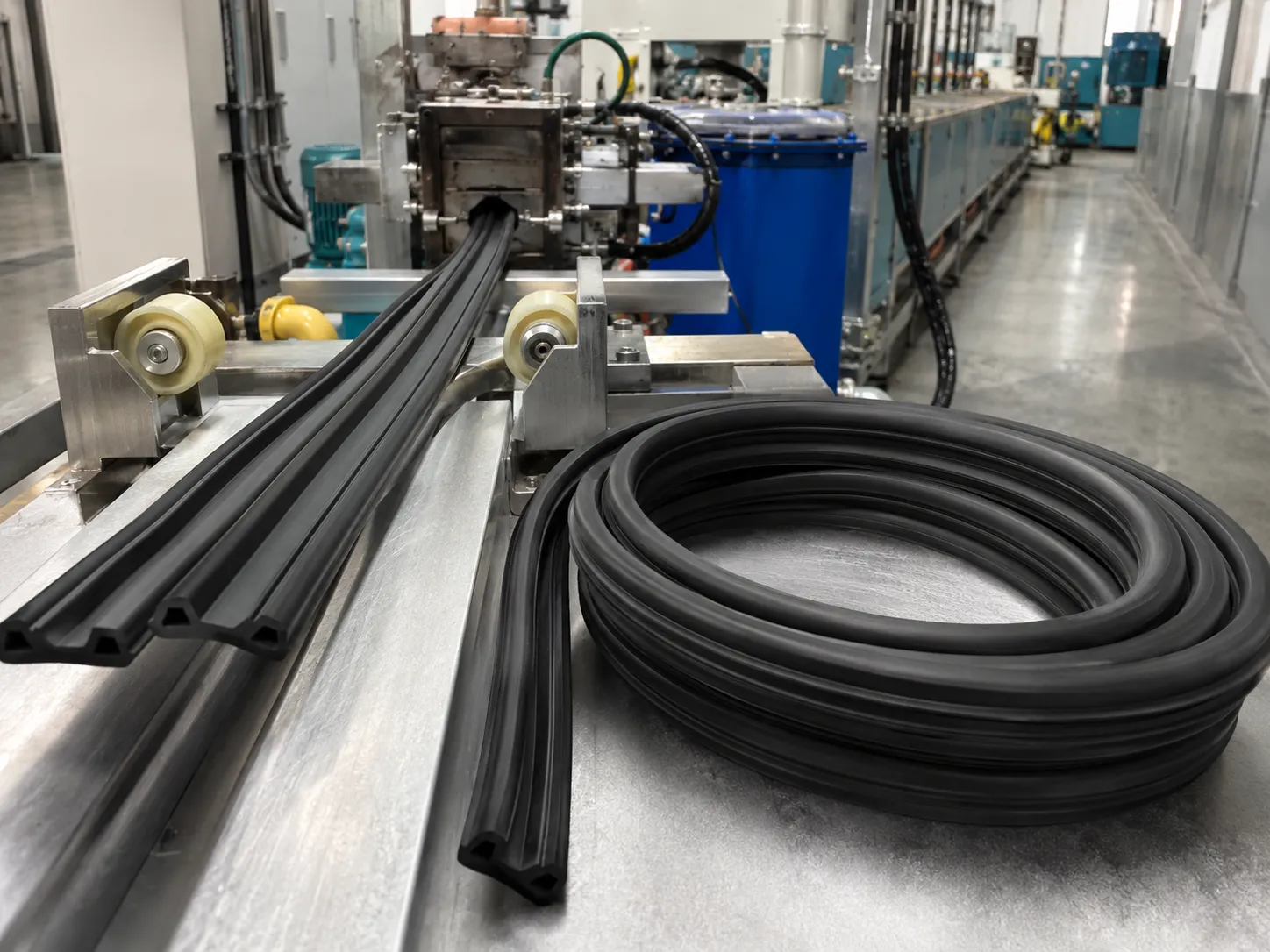 Black rubber strip seal extrusion with EPDM profile passing through guide rollers