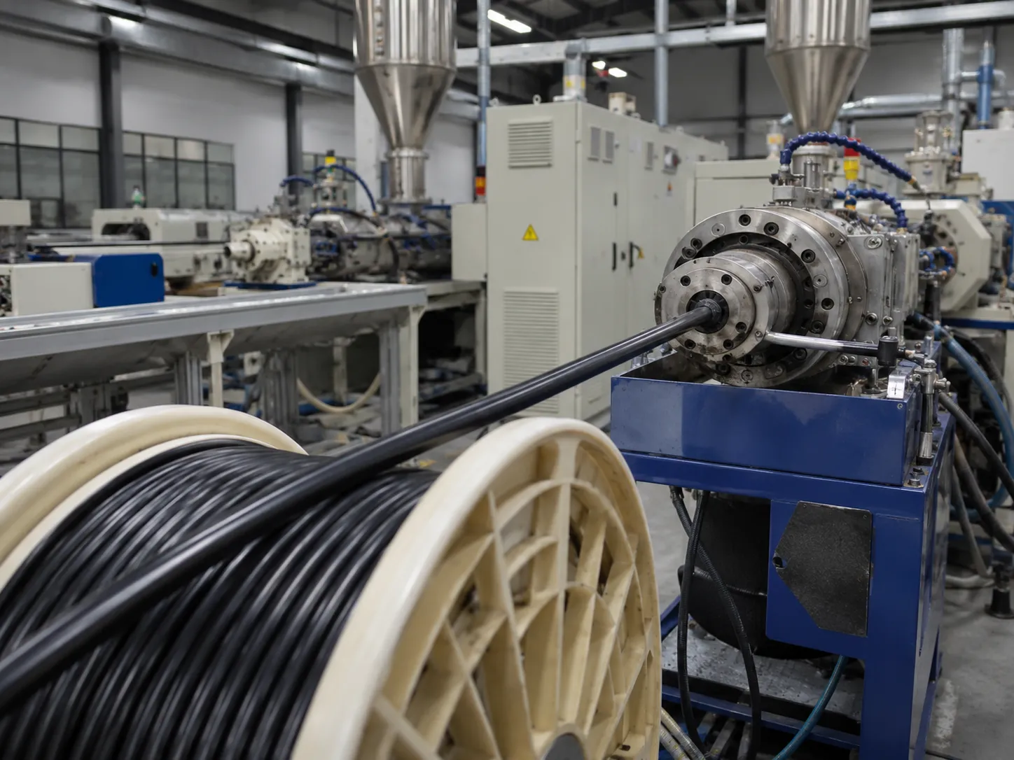 Wire cable coating production line with insulated cable wound on large spool