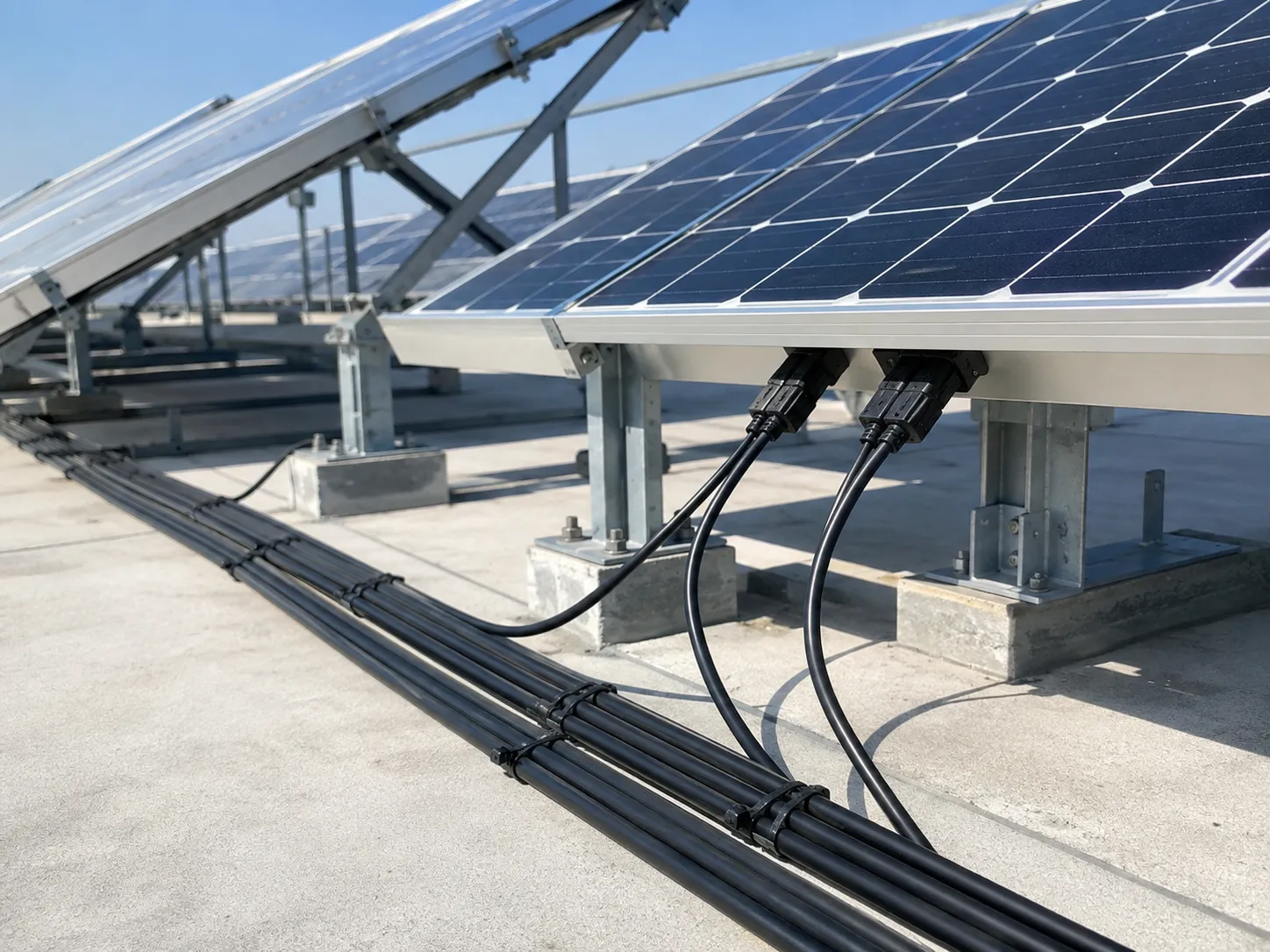 Black UV-resistant photovoltaic solar cables with MC4 connectors installed on rooftop solar panel array for PV1-F H1Z2Z2-K DC power generation up to 1.5kV at UET Machine factory