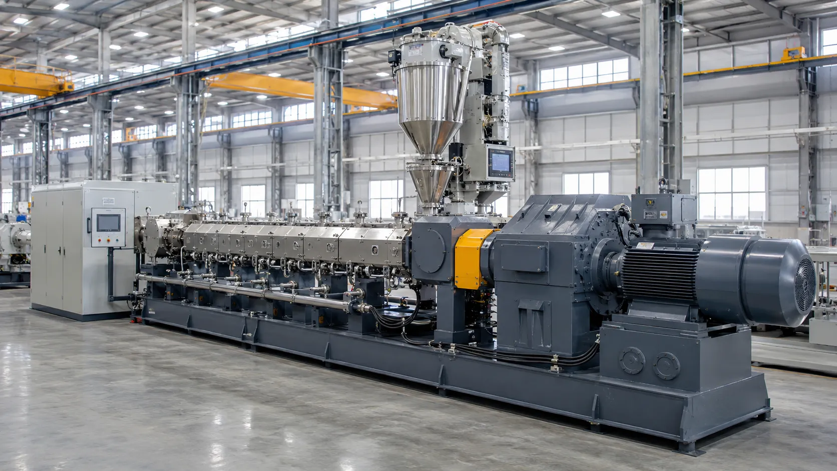 UET co-rotating twin screw extruder with modular barrel and high-torque gearbox for masterbatch modified plastics biodegradable and recycling compounding output 80-4500 kg h at UET Machine factory in China