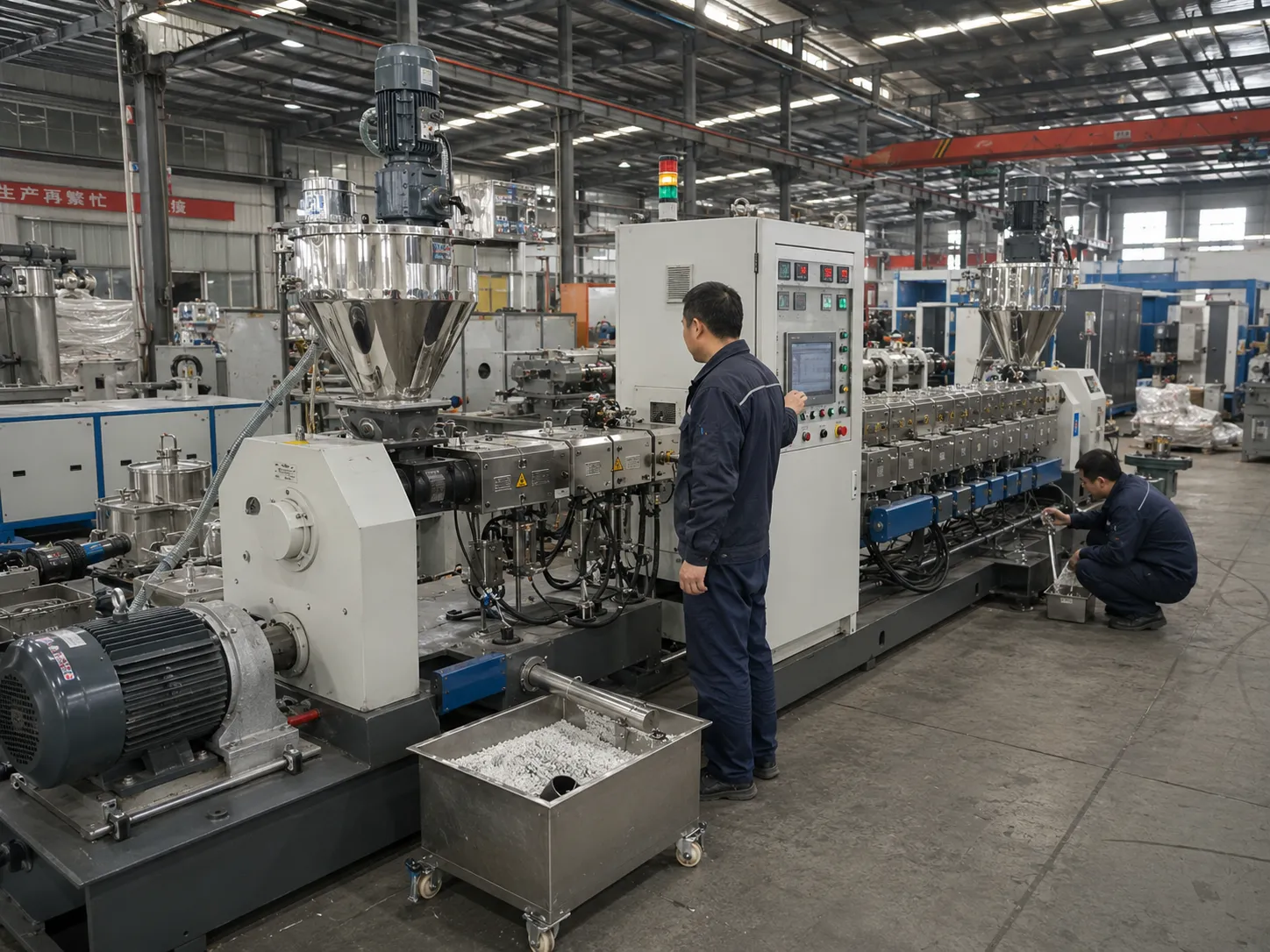 Twin screw extruder undergoing a factory test run with engineers in China