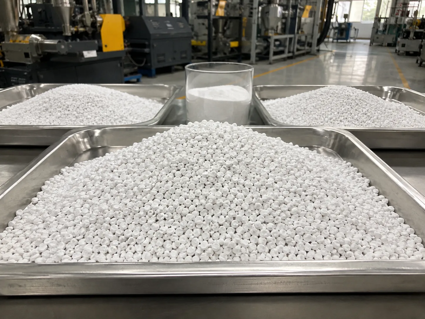 High-loading CaCO3 filler masterbatch pellets produced on a UET twin screw extruder with uniform dispersion at 70-85 percent filler loading
