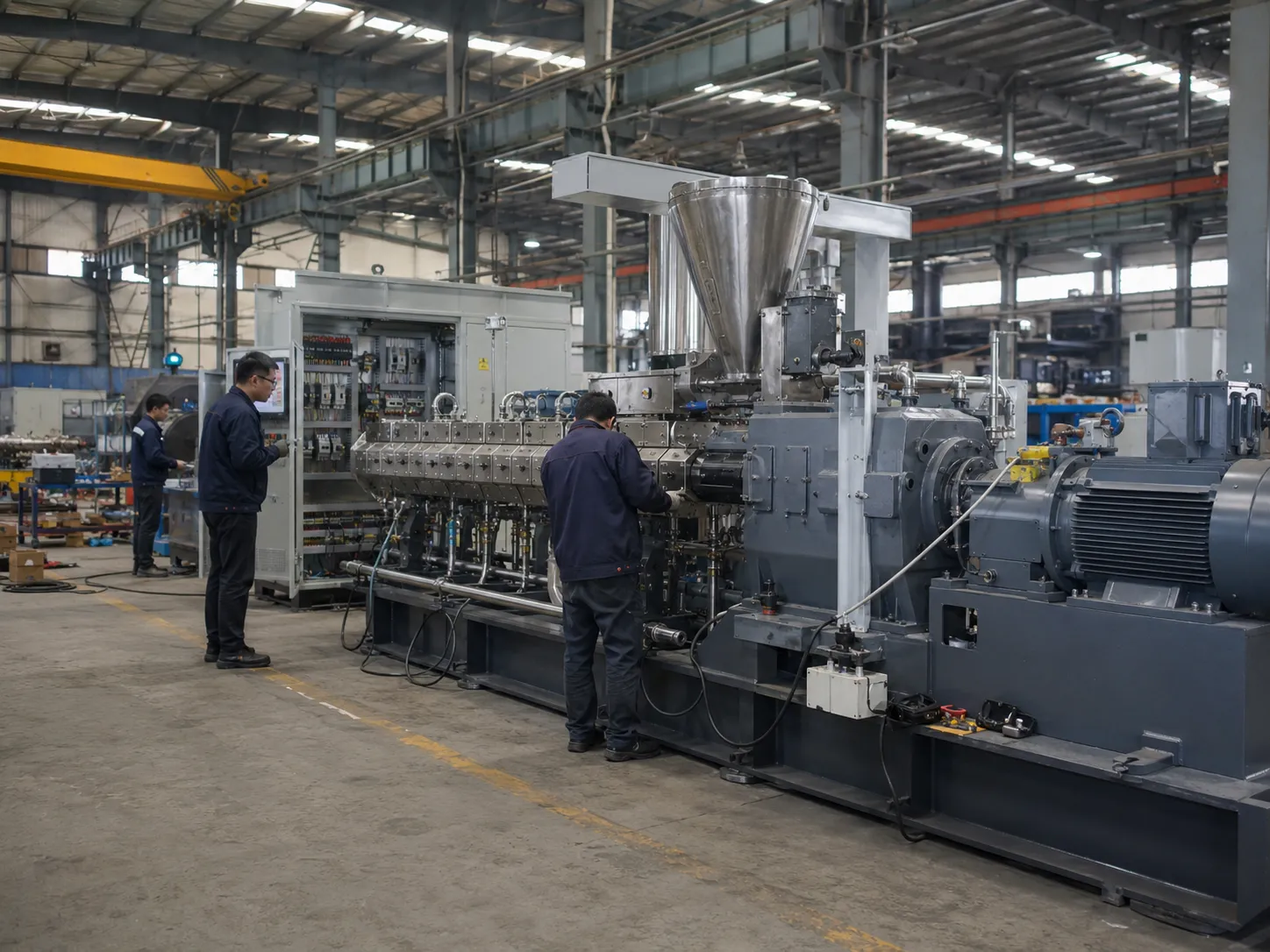 Technicians performing final inspection and electrical cabinet checks on a twin screw extruder before it ships from the factory