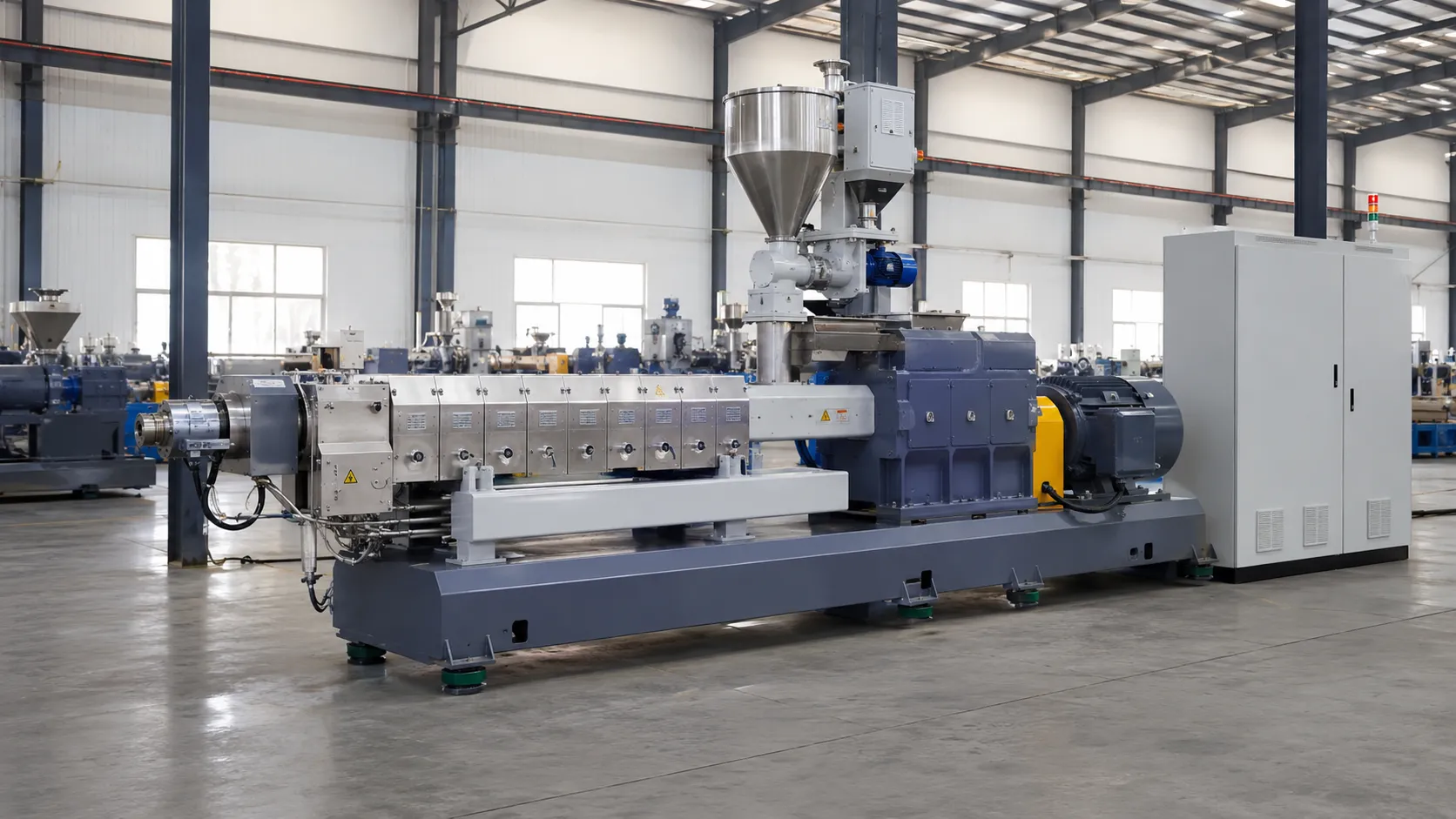 UET color masterbatch twin screw extruder with industrial PLC control panel for multi-color production and fast changeover at UET Machine China