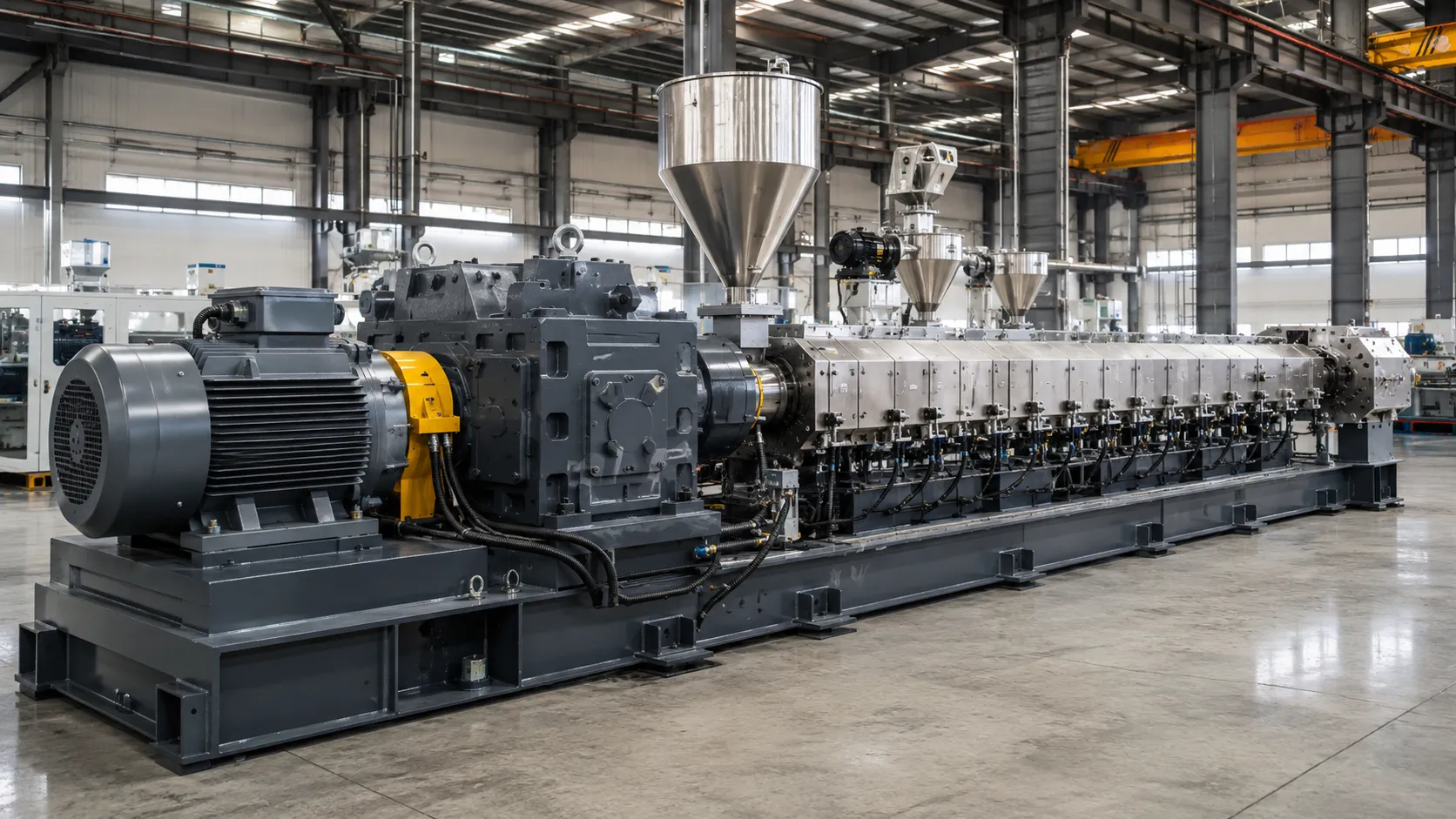 UET-D high torque twin screw extruder with yellow coupling guard and bimetallic barrel for engineering plastics and high-filler compounding at UET Machine China