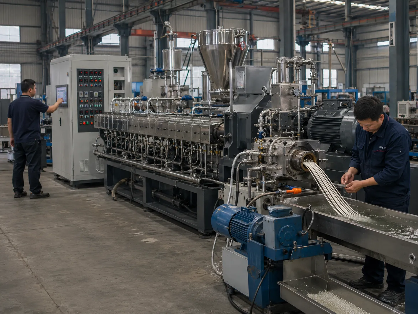 Twin screw extruder running a pre-shipment trial run while engineers monitor the control panel and check extruded strands in the cooling tank