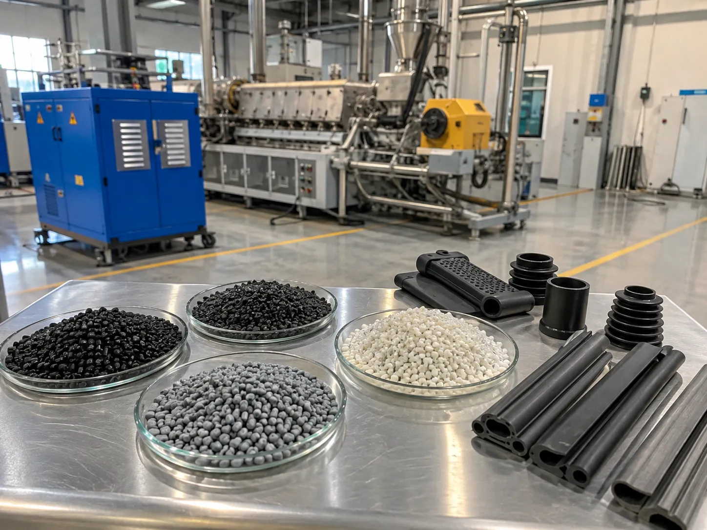 Thermoplastic elastomer TPE and TPV pellets with controllable Shore A hardness from 30 to 90 produced on a UET twin screw extruder