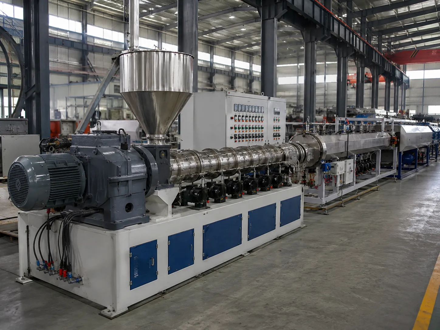 UET-80 high output PVC extruder with 80mm nitrided 42CrMo screw, 45kW main motor, multi-zone heating and corrosion-resistant barrel for large diameter pipes foamed boards and 24-7 continuous production at UET Machine factory