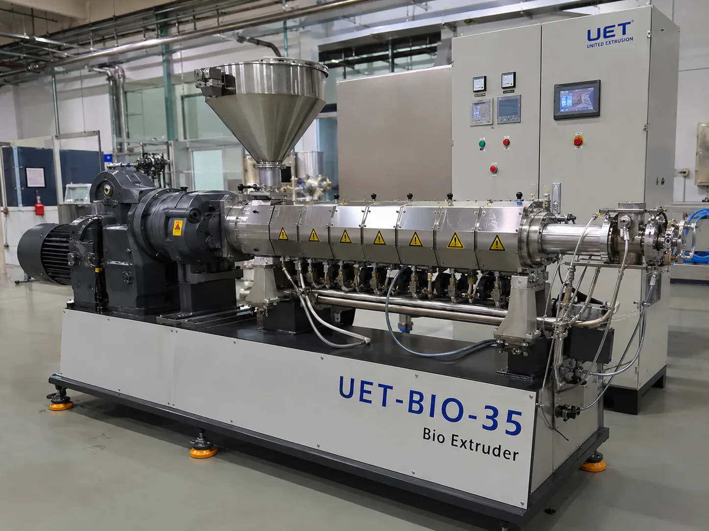 UET-BIO-35 laboratory twin screw extruder with stainless steel hopper and PLC control cabinet for biopolymer R&D and small-batch formula development