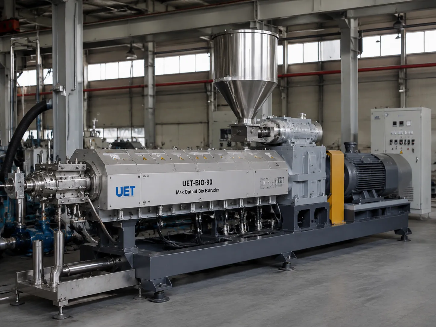 UET-BIO-90 large-scale twin screw bio extruder with high-power motor and die assembly for maximum throughput biopolymer manufacturing up to 1800 kg/hr