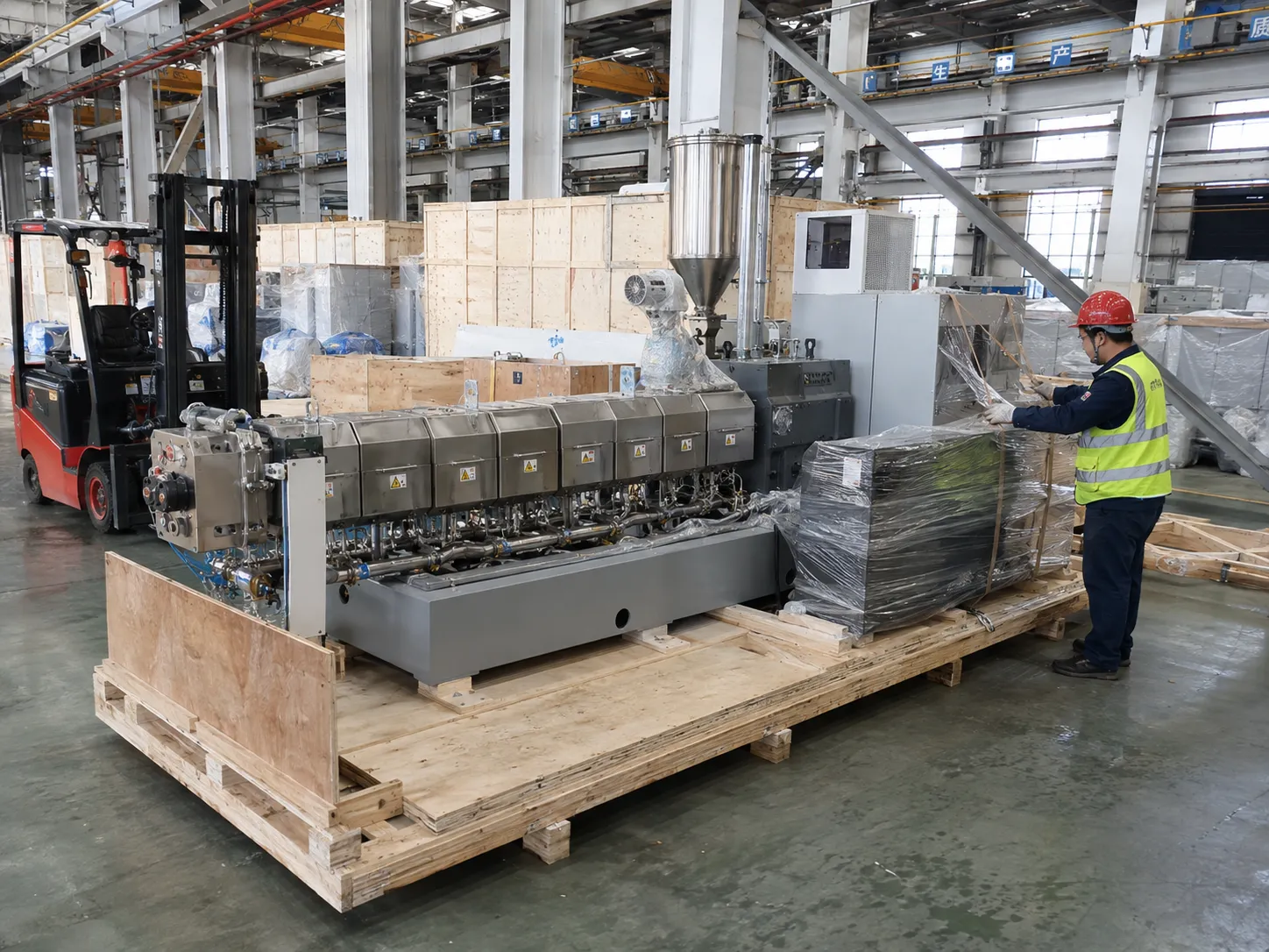 Recycled plastic extruder being loaded for export at UET Machine factory with seaworthy packing and full inspection documentation