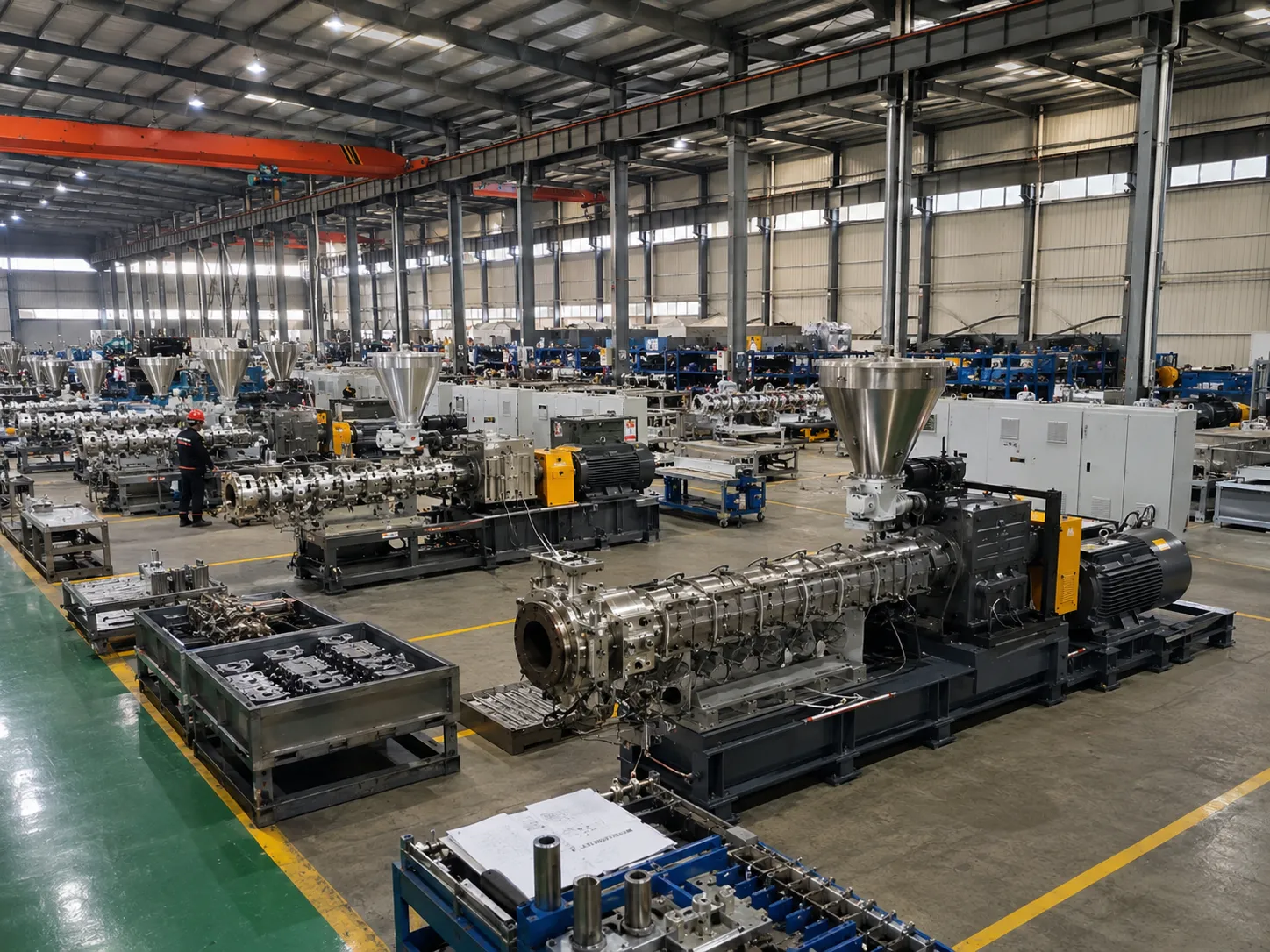 UET Machine recycled plastic extruder factory production workshop with multiple twin screw extruders assembled and ready for export