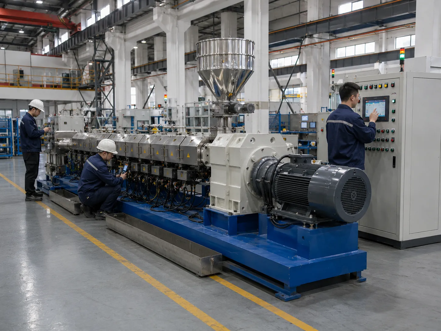 Technician operating HMI control panel on twin screw recycled plastic extruder during factory quality testing at UET Machine