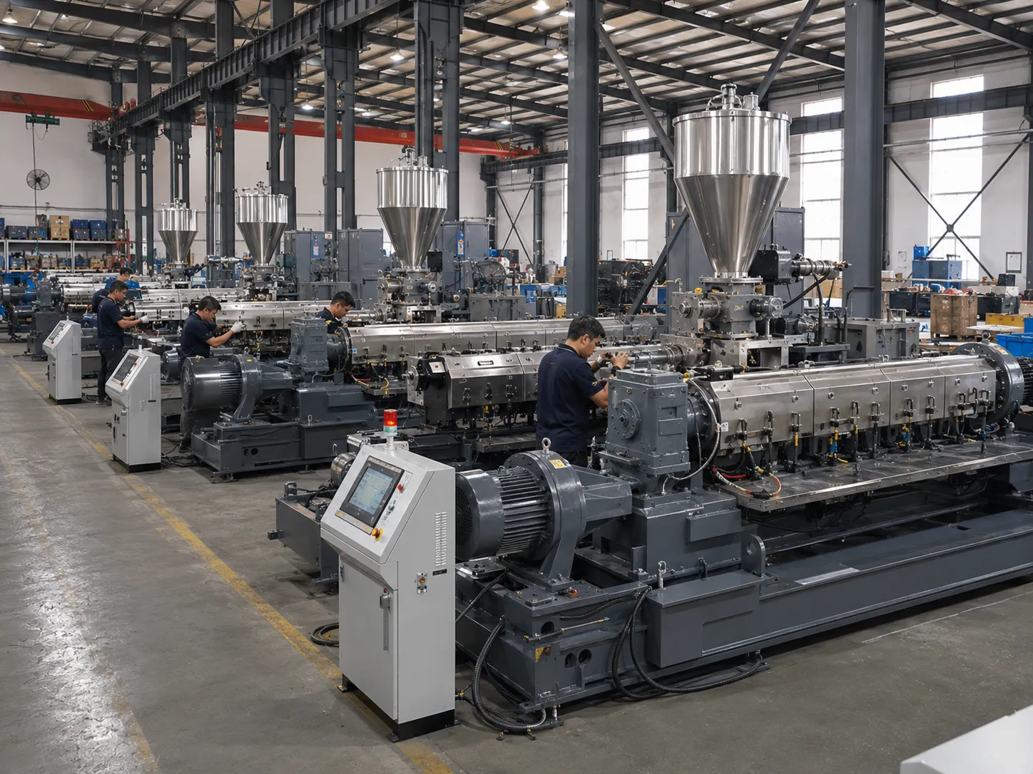 Recycled plastic extruder manufacturing line at UET Machine factory with workers inspecting and testing equipment before shipment