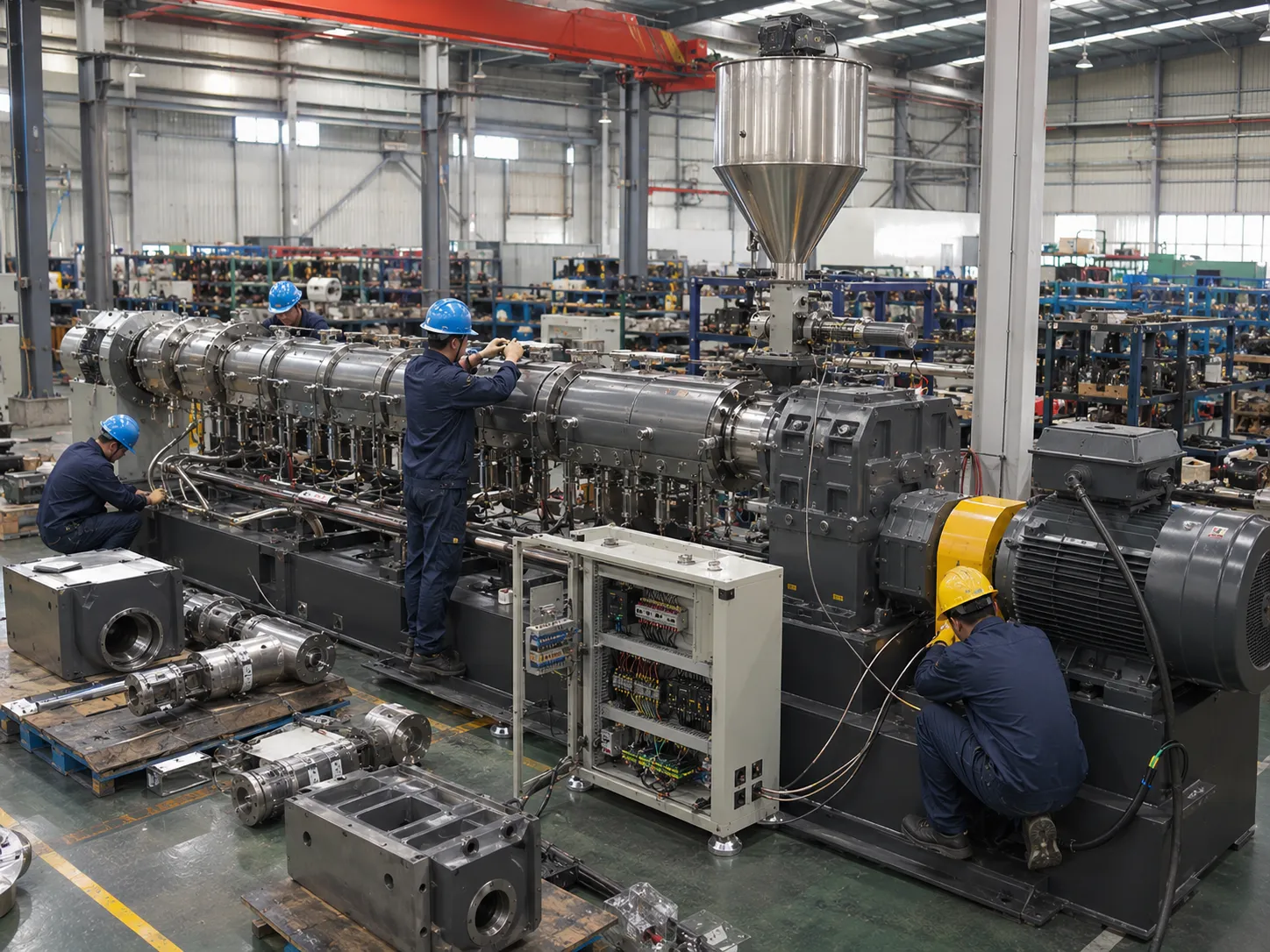 Workers assembling twin screw extruder at UET Machine factory with CNC machined screws and barrels stored on blue shelves