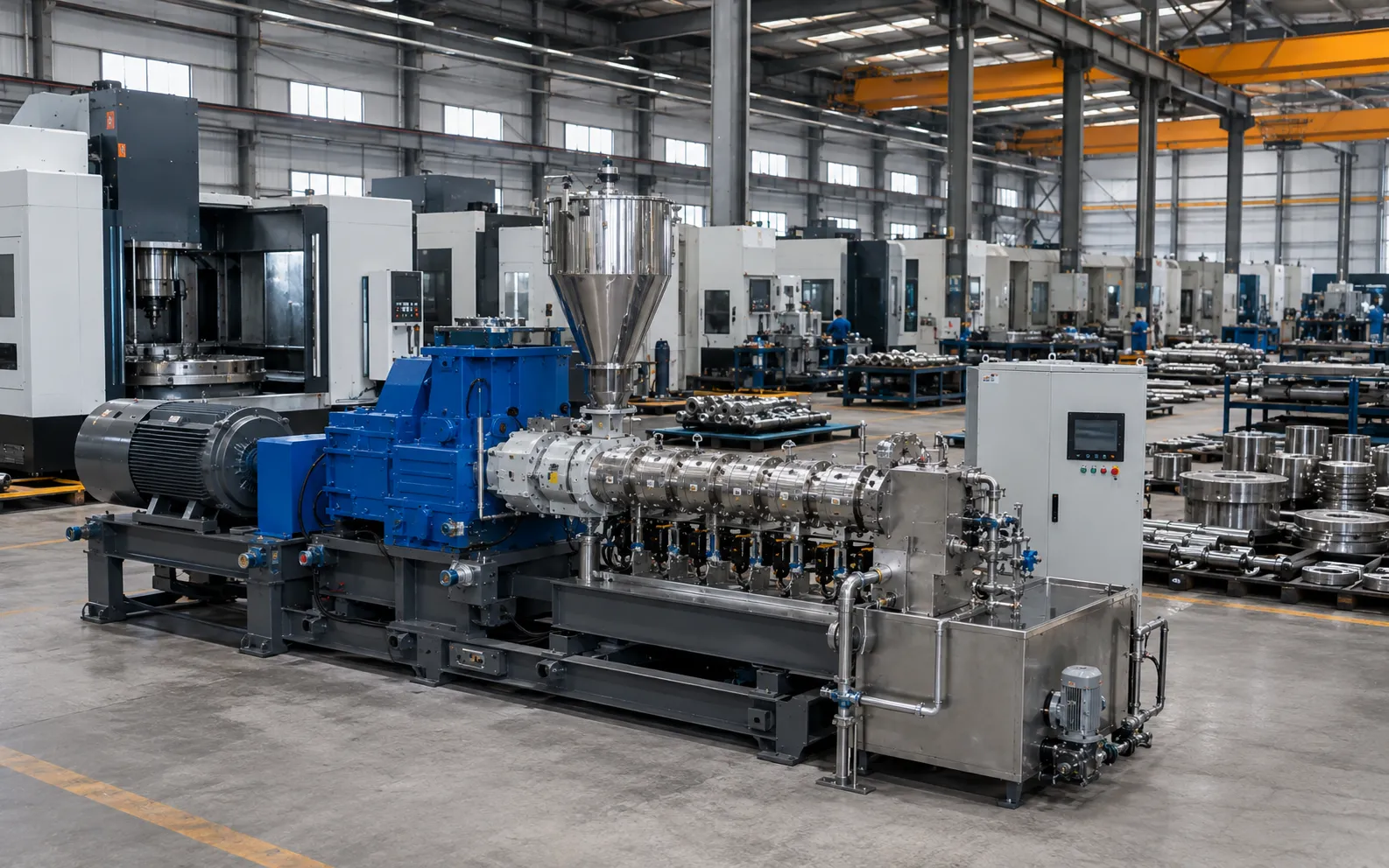 Underwater pelletizing system assembly line inside UET 11400 sqm factory in Nanjing China with gray motor blue gearbox stainless steel barrel sections control cabinet CNC machines and workers in blue uniforms manufacturing extruder components in-house