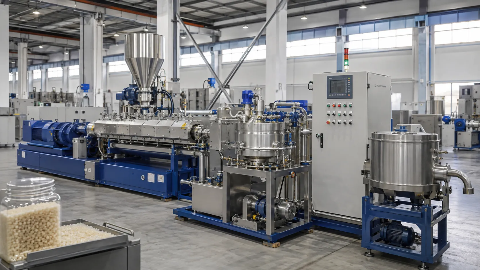 Biodegradable underwater pelletizing system with blue motor silver barrel stainless steel hopper PLC touchscreen control panel signal tower stainless steel tank and off-white biodegradable pellet samples for PLA PBAT eco-material processing at UET Machine factory China CE RoHS