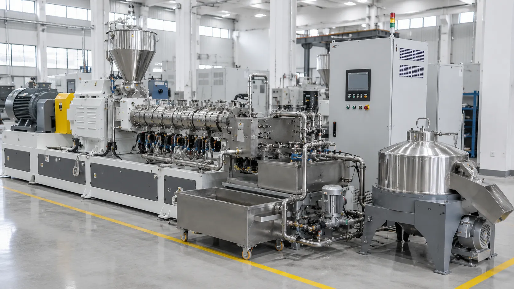 High-precision underwater pelletizing system with stainless steel hopper silver barrel sections blue gearbox motor PLC touchscreen control cabinet signal tower stainless steel tank and mobile water trough for medical grade automotive and premium packaging pelletizing at UET Machine factory China CE ISO 9001