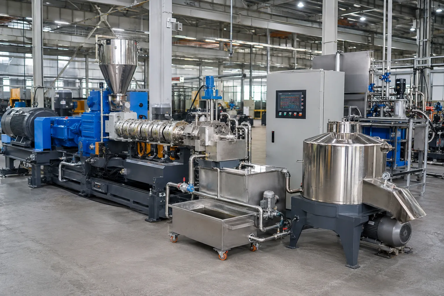 UET high-precision underwater pelletizing system with stainless steel hopper silver barrel sections blue gearbox motor PLC touchscreen control cabinet stainless steel tank and mobile water trough for TPU TPV PLA hot-melt adhesives and engineering plastic pelletizing at UET Machine factory China CE ISO 9001