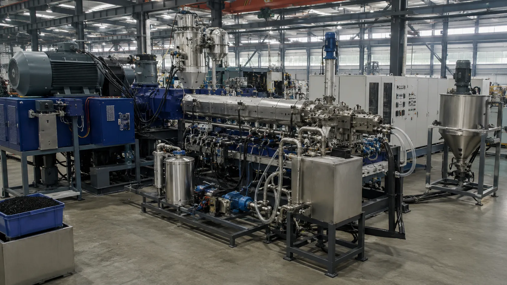 New energy spec underwater pelletizing system with deep gray motor blue cabinet stainless steel barrel multi-zone heating intelligent thermostatic control complex piping for XLPE LSZH cable compound production at UET Machine factory China