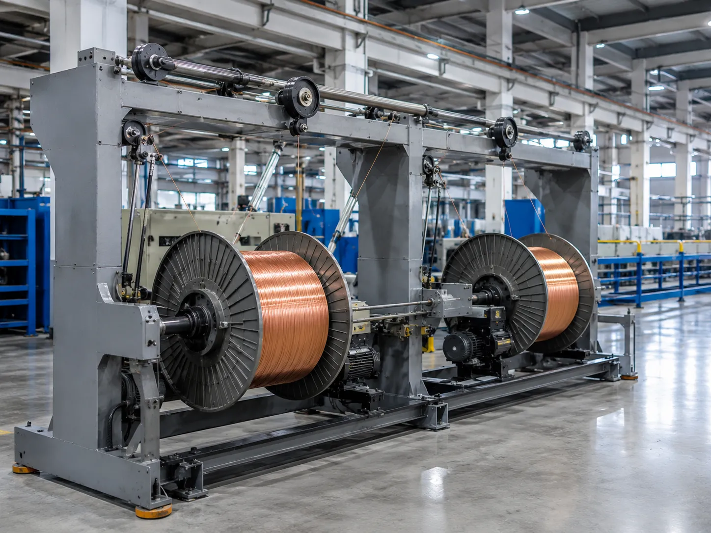 Motorized dual-spool pay-off stand with copper conductor wire wound on black reels and precision tension control rollers for stable wire feeding in UET cable extrusion line at UET Machine factory