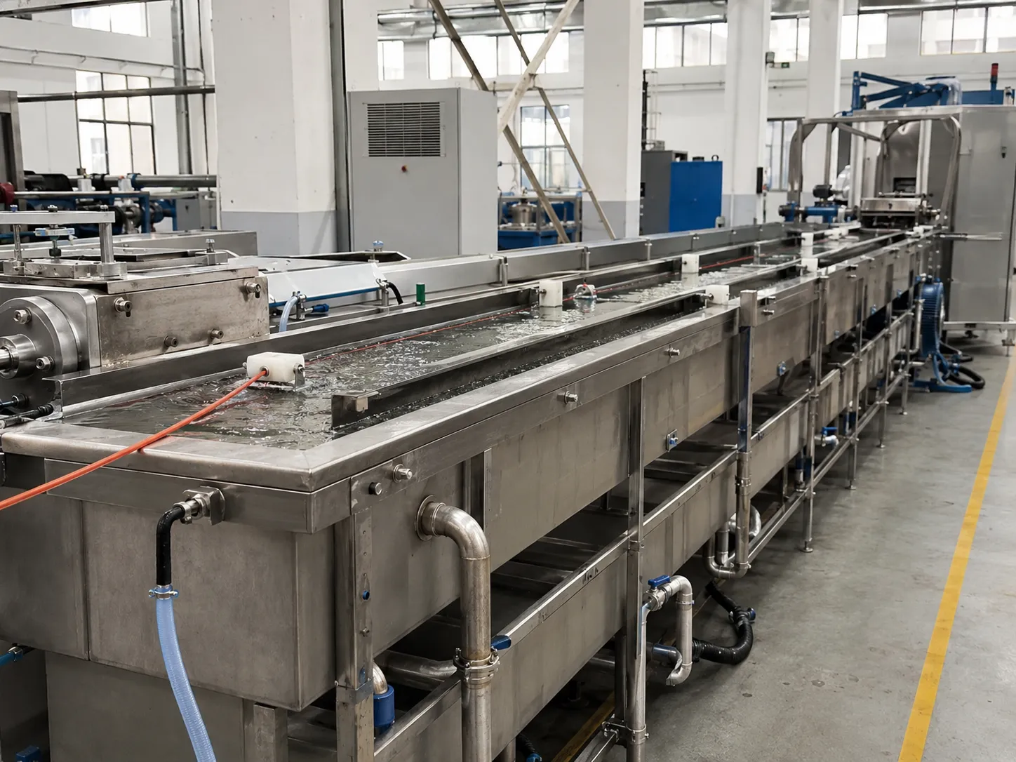 Multi-zone stainless steel cooling trough with circulating water solidifying cable insulation gradually to avoid thermal shock in UET wire and cable extrusion line at UET Machine factory