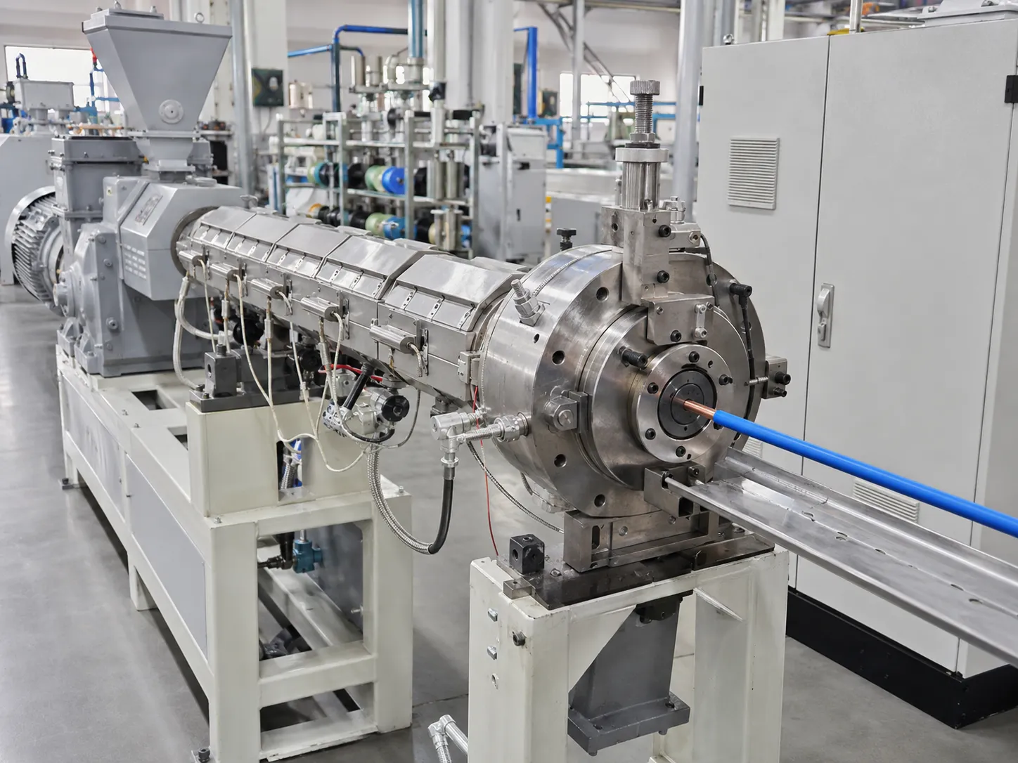 Wire and cable extruder with self-centering crosshead die uniformly coating blue insulation layer on copper conductor through precision melting and extrusion for cable production at UET Machine factory