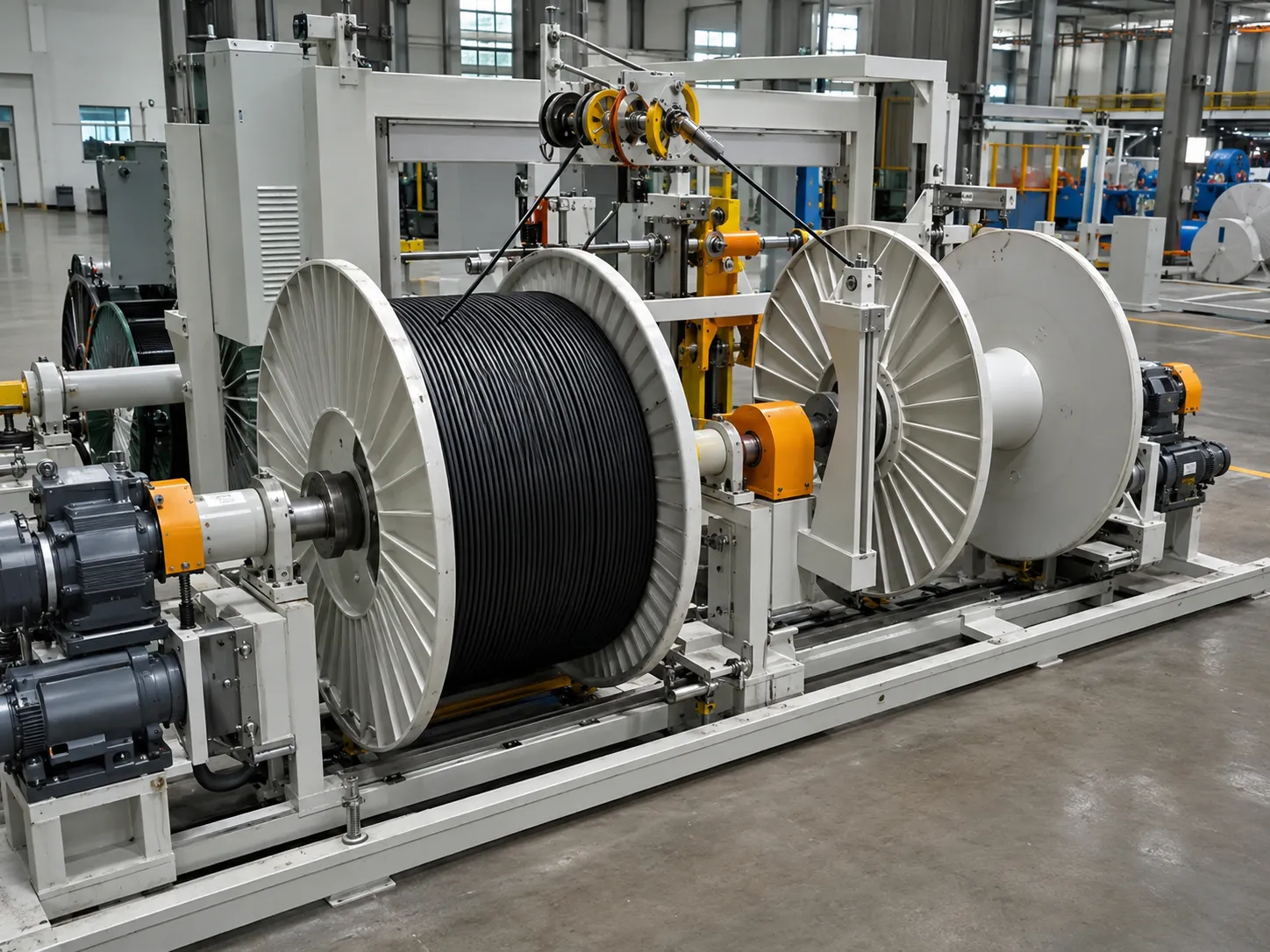 Automatic dual-spool take-up unit with one reel wound with black cable and empty standby reel for non-stop wire exchange and continuous production in UET wire and cable extrusion line at UET Machine factory