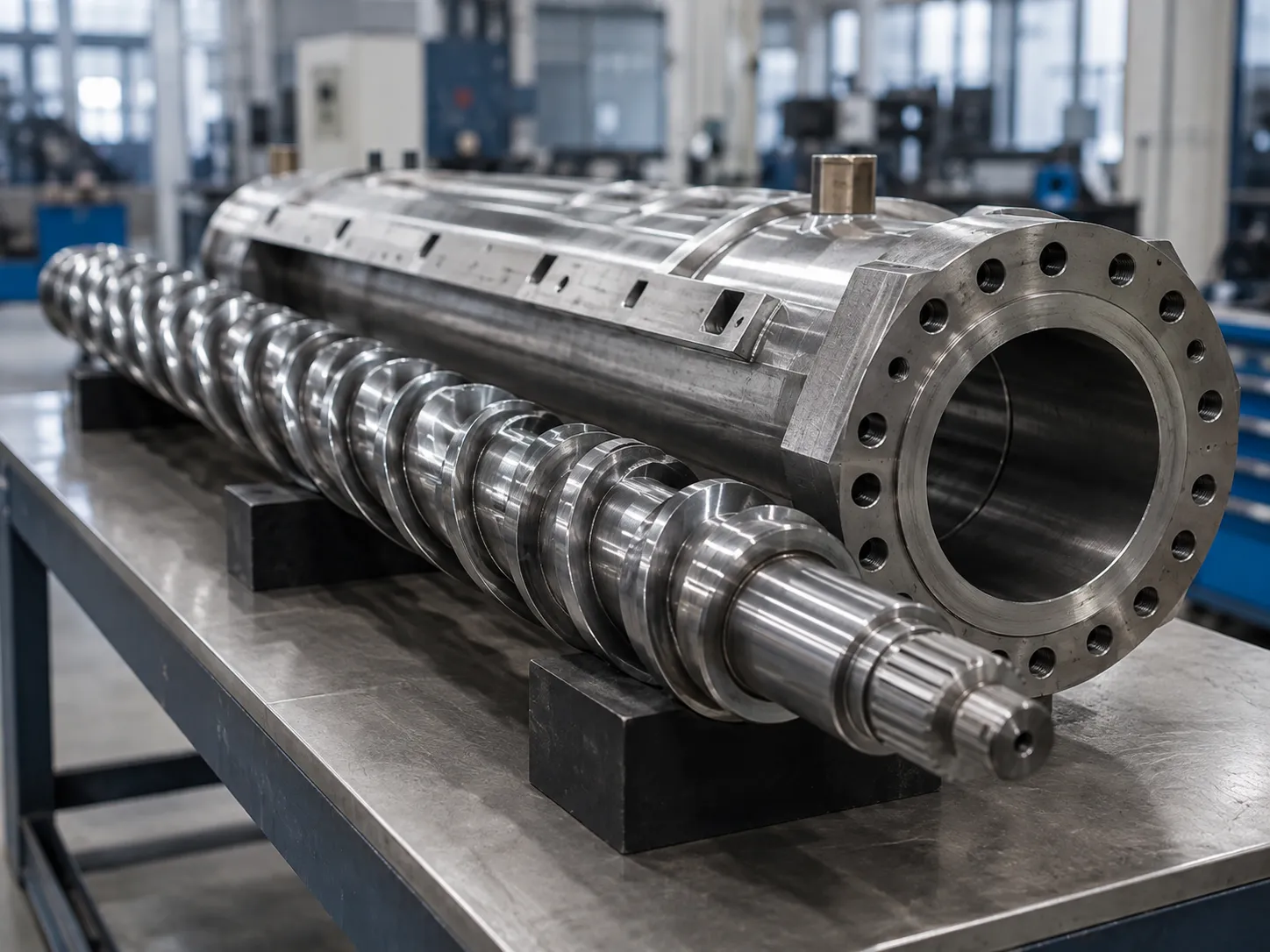 Nitride and bimetallic screw and barrel for wire and cable extruder with 72-hour nitriding treatment HV 950+ hardness 3× lifespan and 38CrMoAlA core for abrasive HFFR compound wear resistance at UET Machine factory