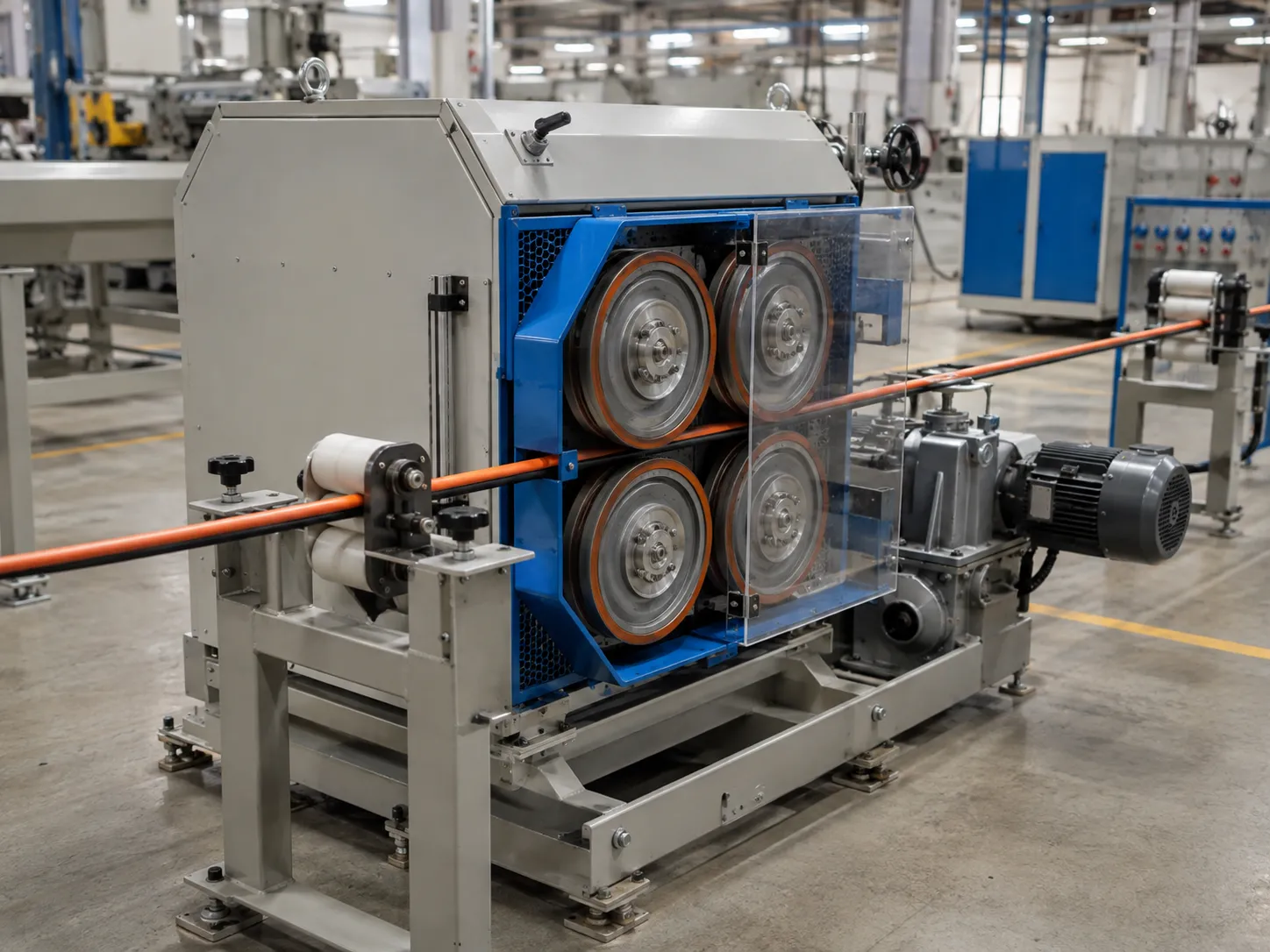 Precision belt capstan with multiple traction wheels closed-loop synchronized with screw RPM maintaining constant line speed for orange insulated cable in UET wire and cable extrusion line at UET Machine factory