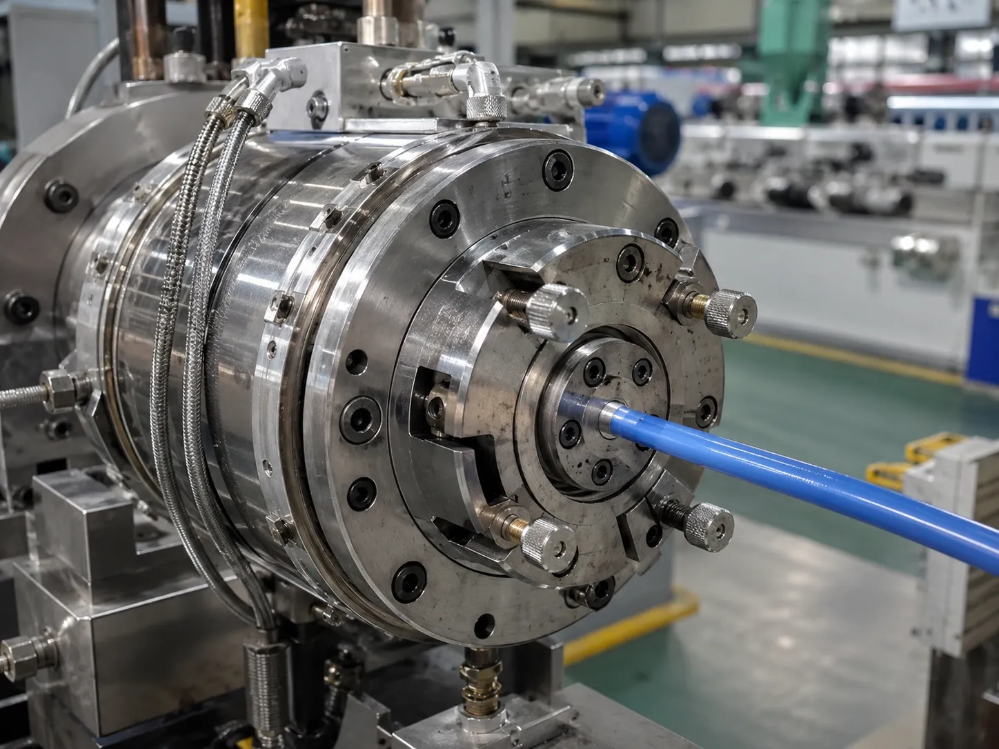 Precision extrusion crosshead die with self-centering mechanism mirror-polished flow channel and ±0.01mm tolerance for perfectly concentric cable insulation coating with optimized flow-channel geometry at UET Machine factory