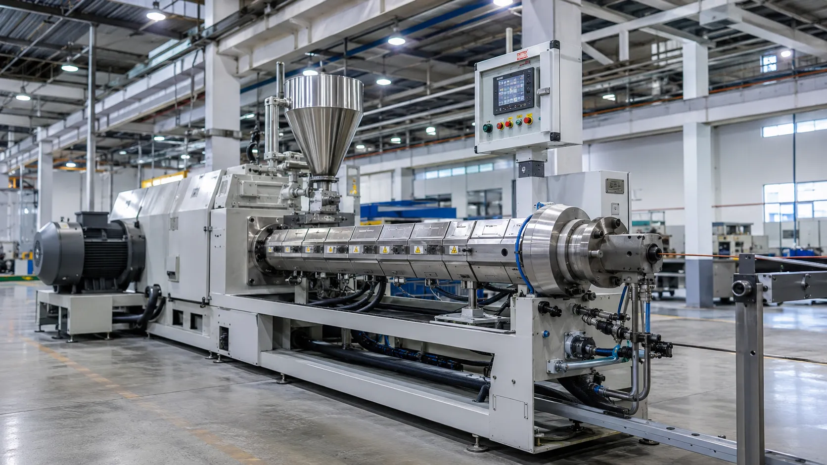 Wire and cable extruder with nitrided bimetallic screw and barrel, stainless steel hopper, PLC touchscreen control and self-centering crosshead die for PVC PE XLPE and HFFR cable insulation and sheathing production at UET Machine factory