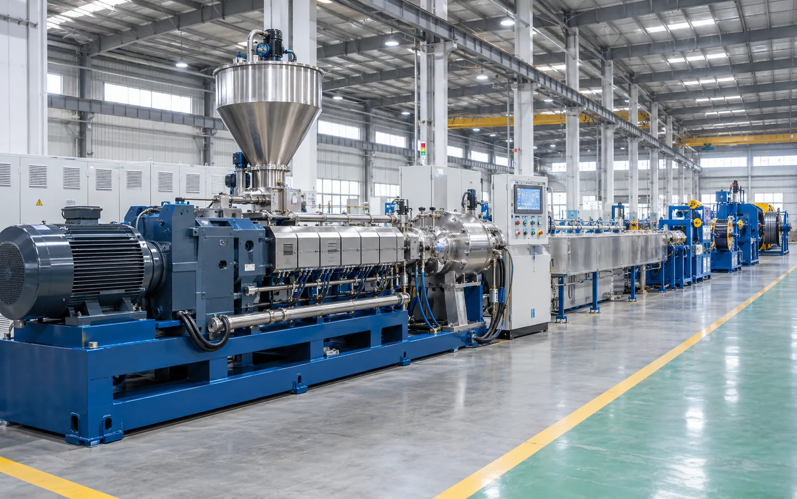 UET-85 XLPE power cable extrusion line with large motor, stainless steel hopper, low-compression screw design and precise thermal control for MV HV XLPE insulation production up to 500 kg/h with zero scorch at UET Machine factory