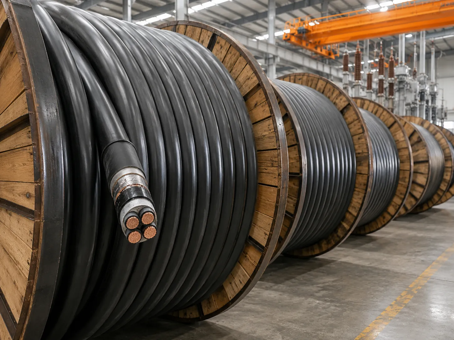 High voltage XLPE power cable with three copper conductors and black outer sheath wound on large wooden reel for LV MV HV power transmission up to 35kV and 10-240mm2 conductors at UET Machine factory