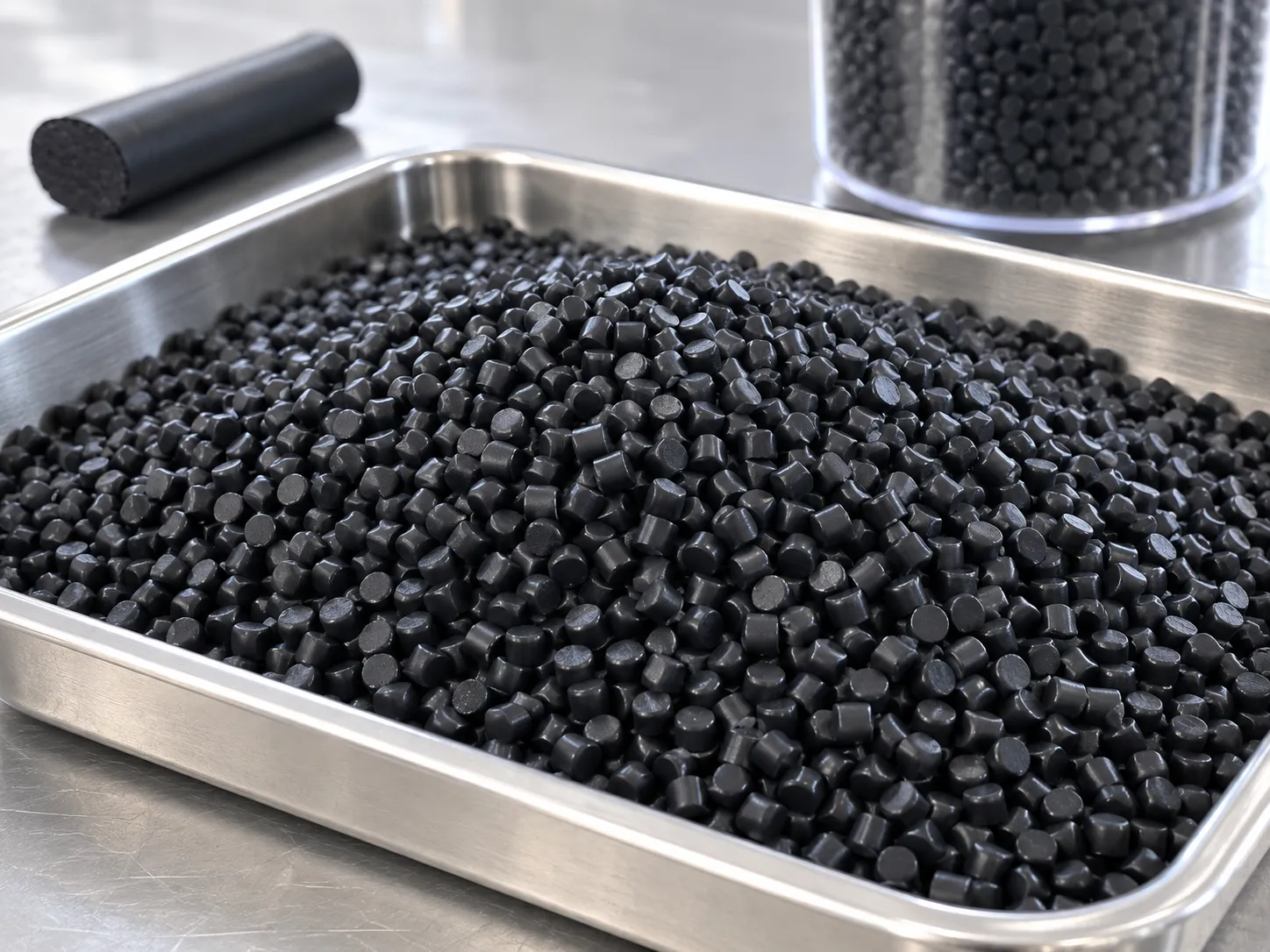 High-concentration black masterbatch pellets for plastic coloring, processed by underwater pelletizer, uniform cylindrical shape for consistent dispersion in PP/PE/ABS.