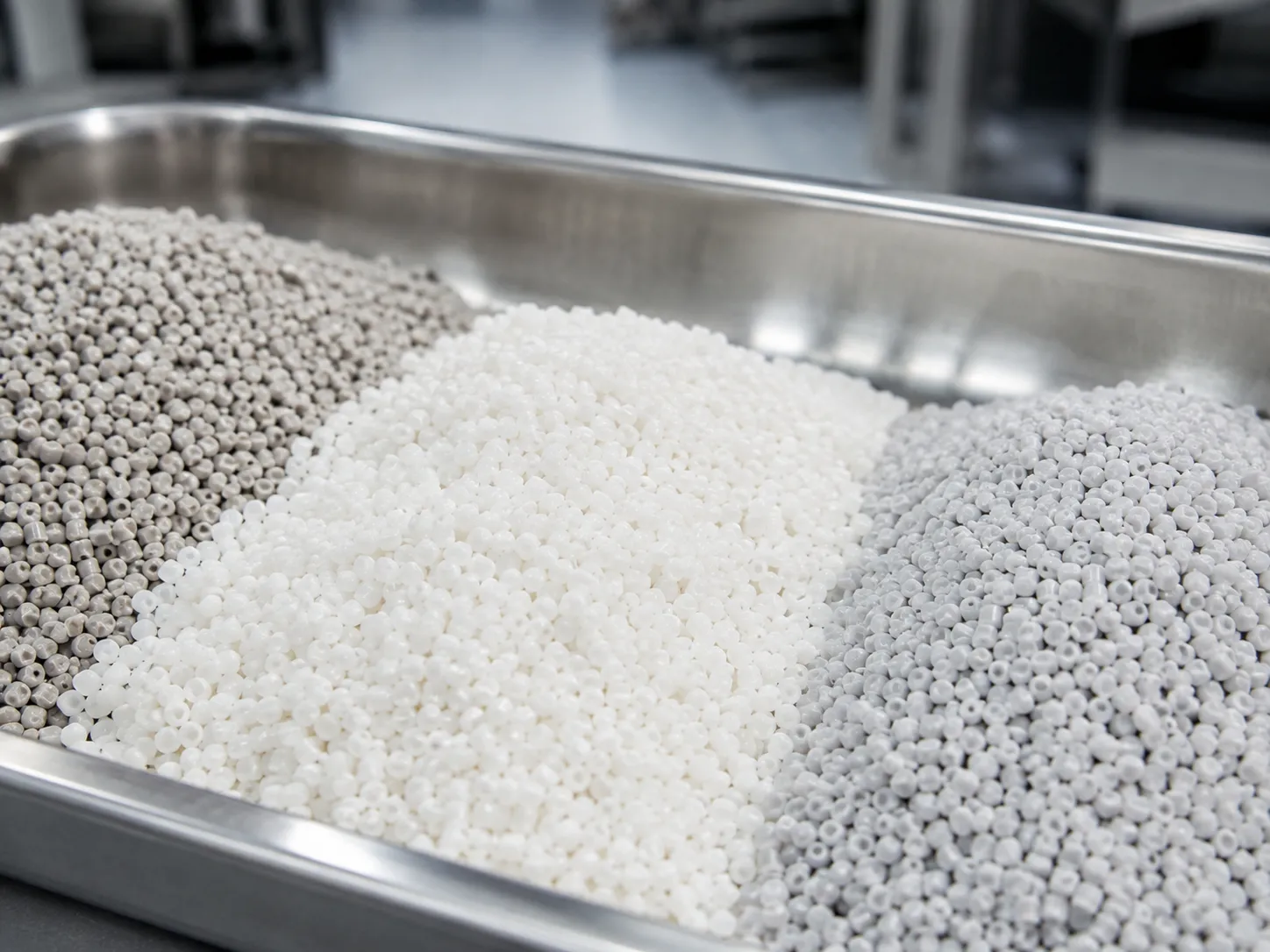 XLPE/LSZH cable compound pellets in gray, white, and light gray layers, manufactured by underwater pelletizing system for flame-retardant and low-smoke electrical cables.