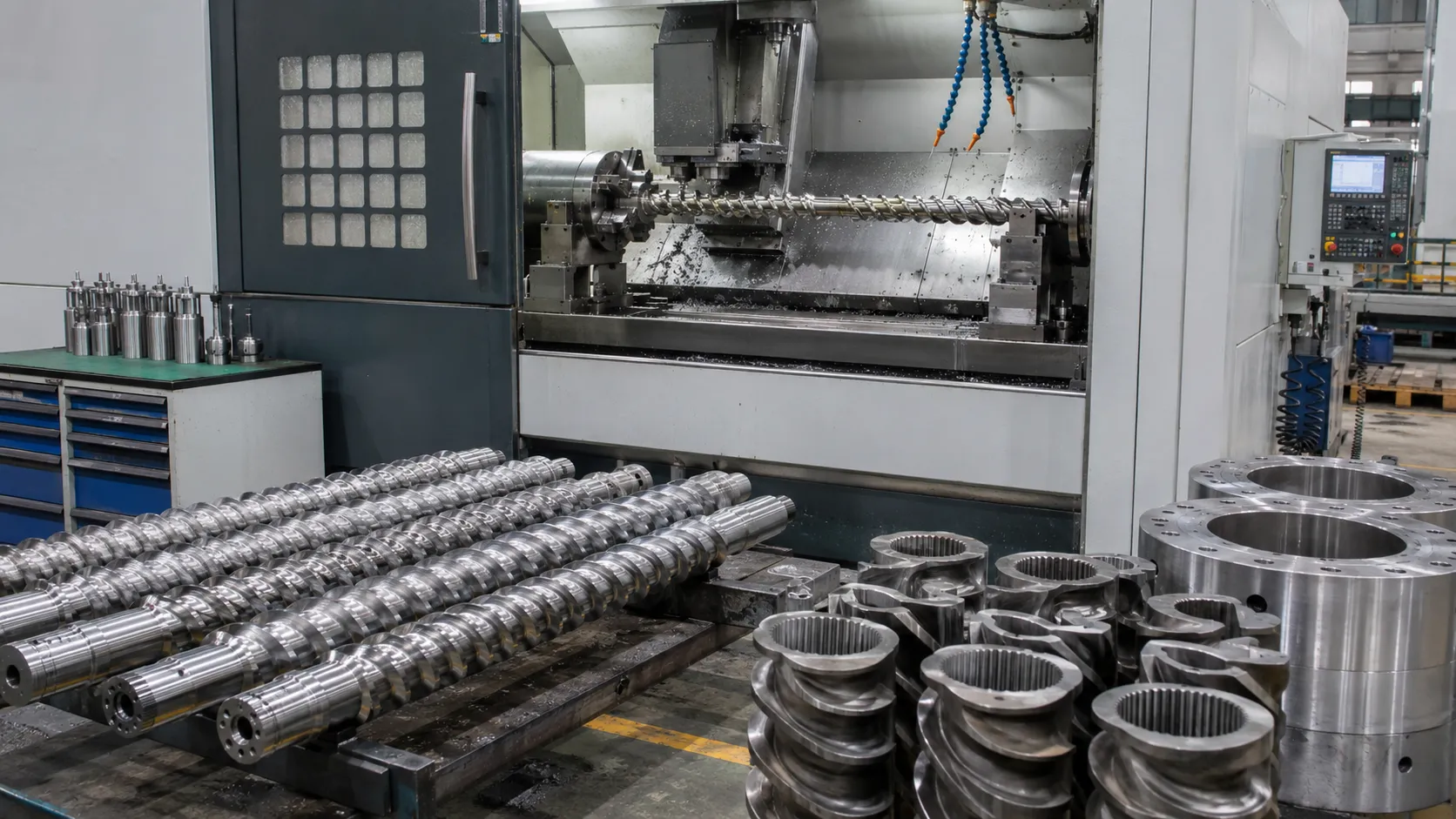 CNC machining of extruder screw elements and bimetallic barrel at UET Machine, China