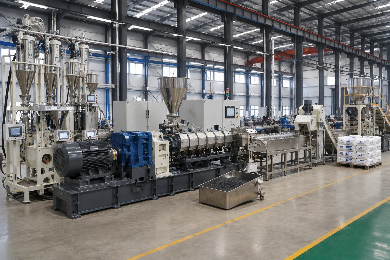 Complete twin screw extrusion line with feeding system, extruder, cooling bath, pelletizer and packaging, integrated and commissioned by UET Machine China