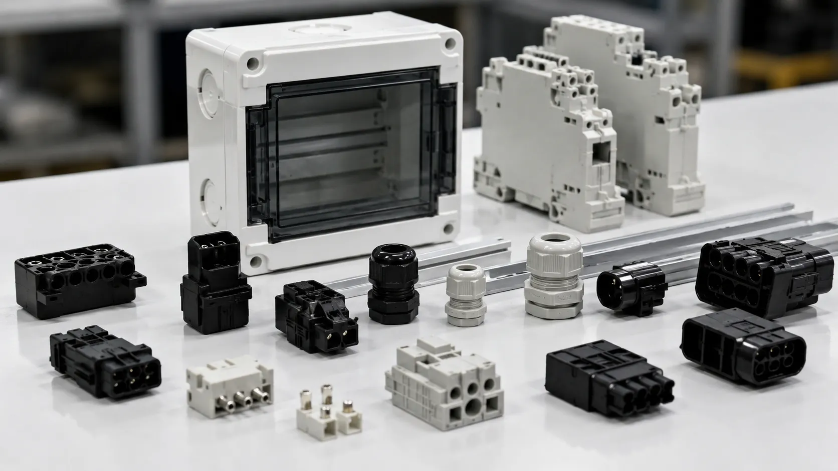 Extruded ABS DIN-rail connectors and PBT breaker housings for electrical panel assembly at UET