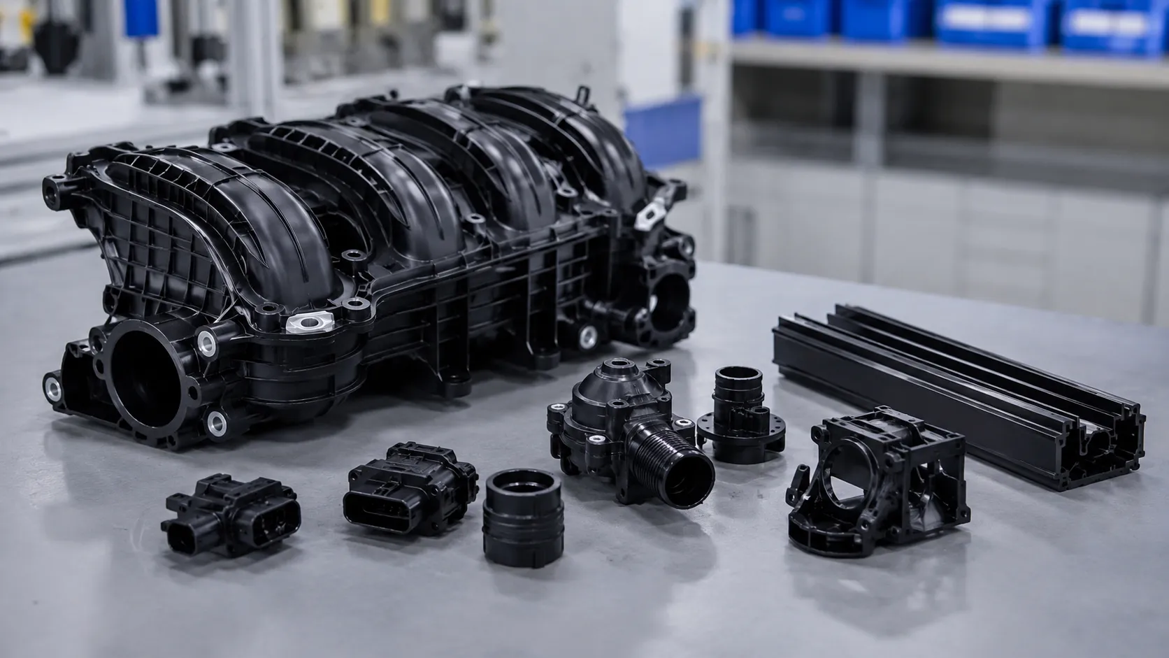 Black PA66-GF30 automotive intake runners and connector housings produced at UET Machine China