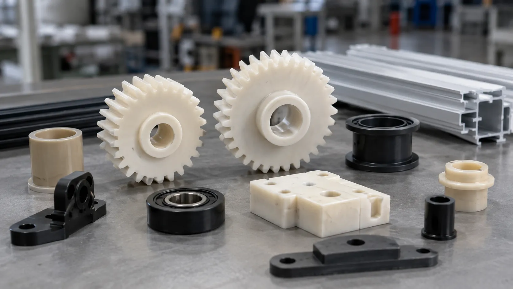 White POM precision gears and UHMW wear strips for industrial machinery components at UET Machine