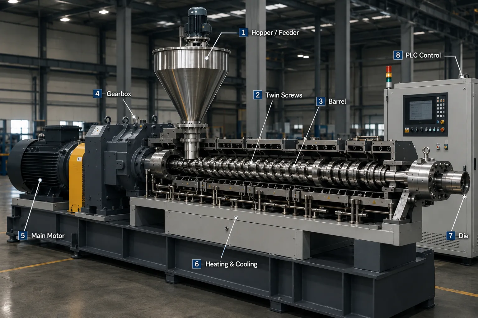 twin screw extruder cutaway diagram showing 8 key components at uet machine china