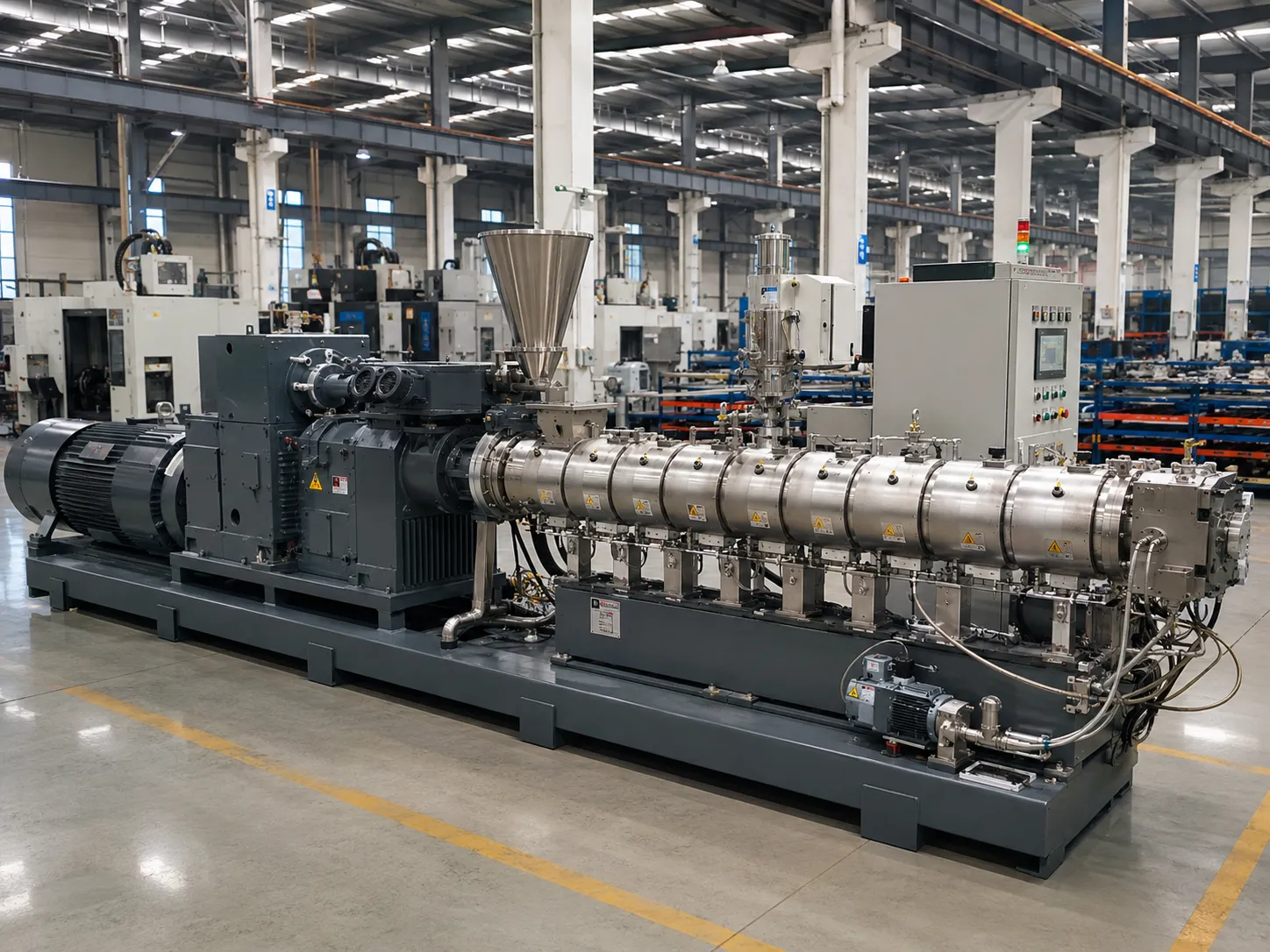 Extruder machining workshop with CNC equipment and quality control area in UET 11400 sqm facility