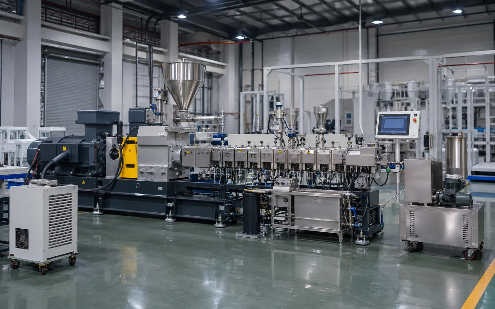Multifunctional filler masterbatch compounding extruder with modular screw for fast changeover CaCO3 bio-based functional filler at UET Machine China
