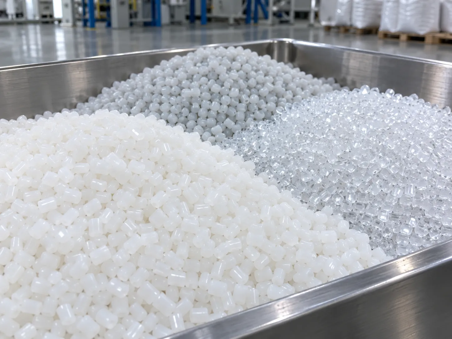General thermoplastic PE/PP/PS pellets in white, gray, and transparent variants, produced by underwater pelletizer for everyday consumer and industrial applications.