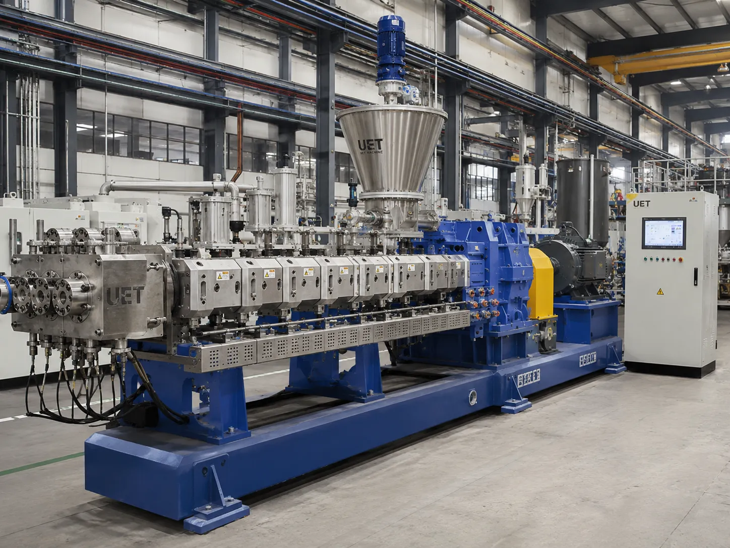 UET high-precision triple screw extruder with stainless steel conical hopper silver barrel sections yellow warning labels blue motor and gearbox yellow safety guard white PLC touchscreen control cabinet for biodegradable engineering plastics cable compounds and PVC compounding at UET Machine factory China CE ISO 9001