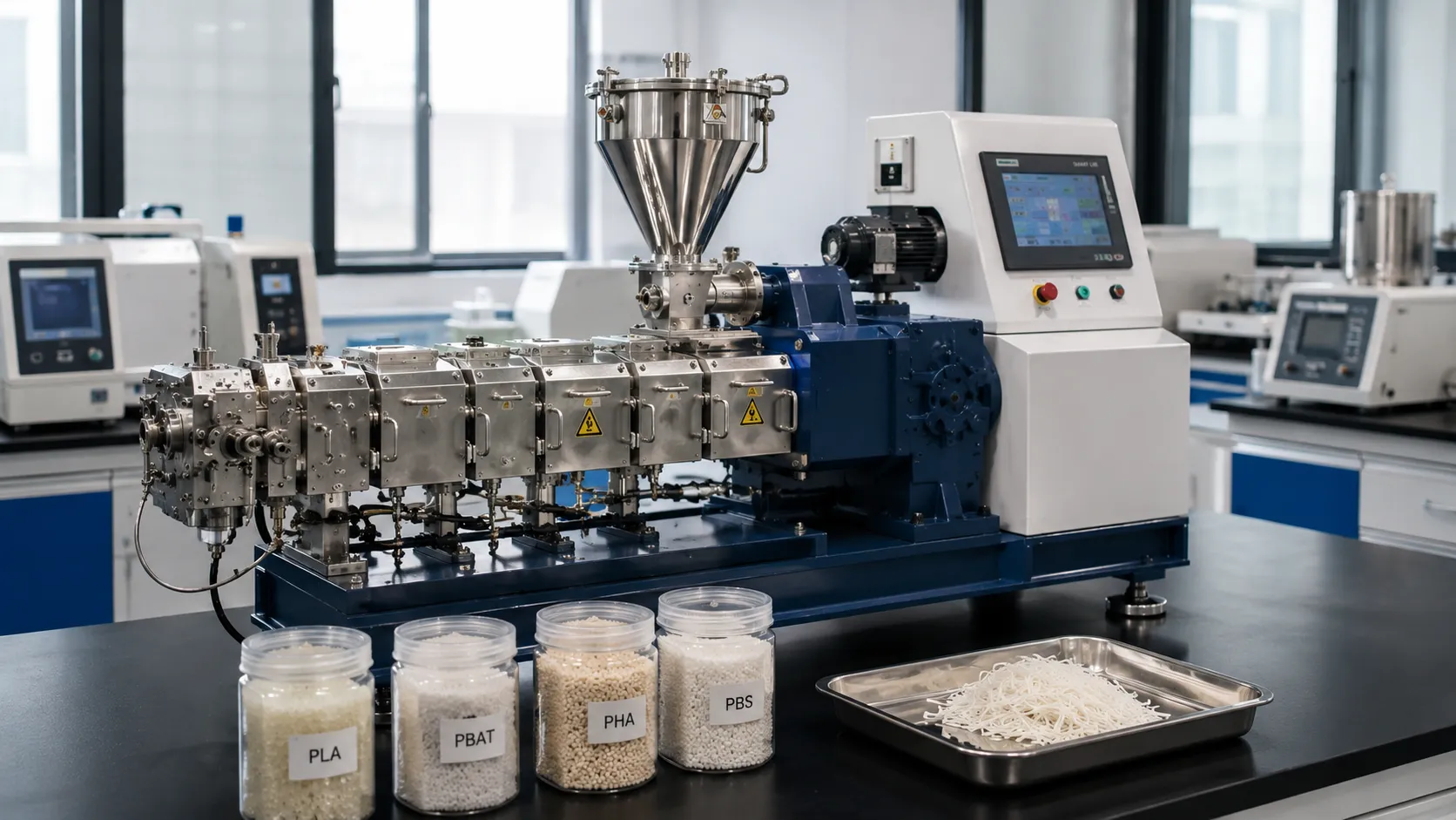 Laboratory extruder producing biodegradable material samples with white and beige PLA PBAT pellets in jars and extruded strip samples for biodegradable polymer R&D