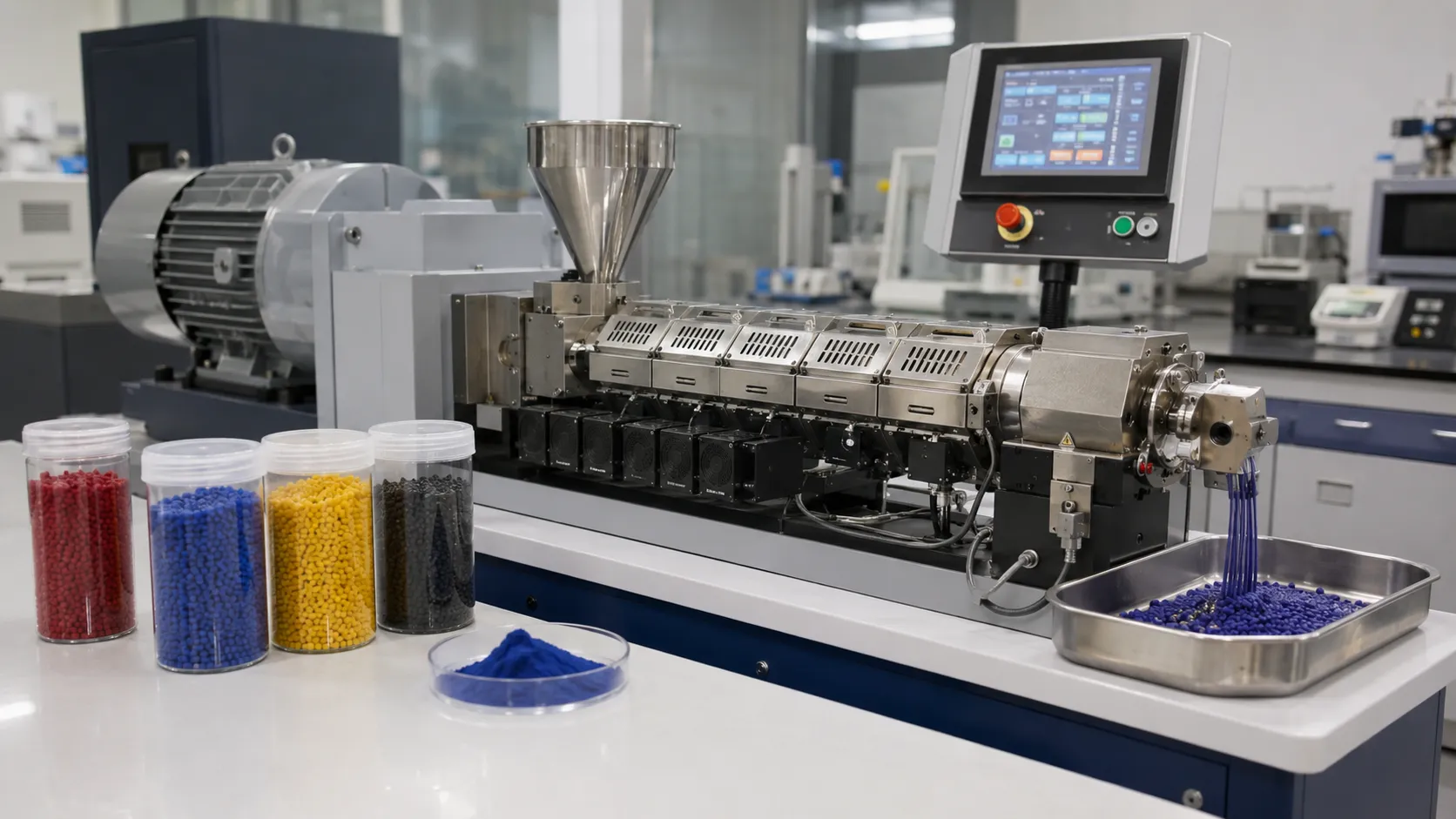 Laboratory extruder producing color masterbatch with red blue yellow and black pigment pellets in jars and blue powder in petri dish for uniform pigment dispersion