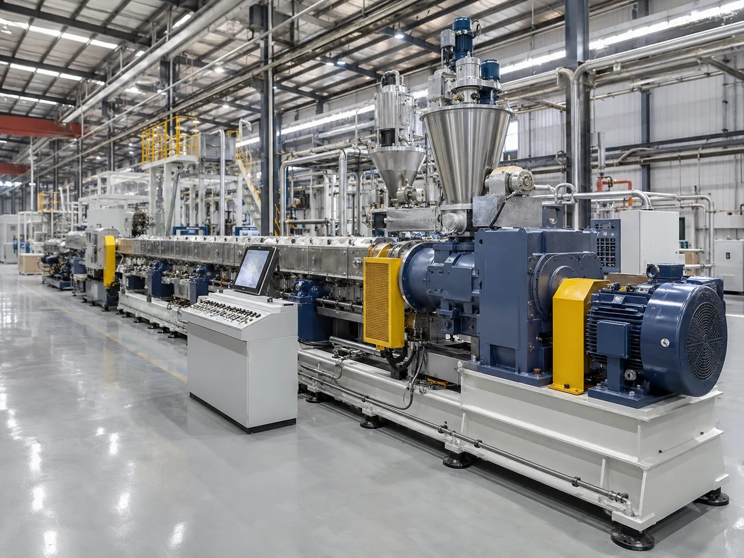 Full production UET twin screw extruder line with dual stainless steel hoppers long heating barrels independent control console and yellow safety railings for 100 to 2500 kg/h continuous compounding