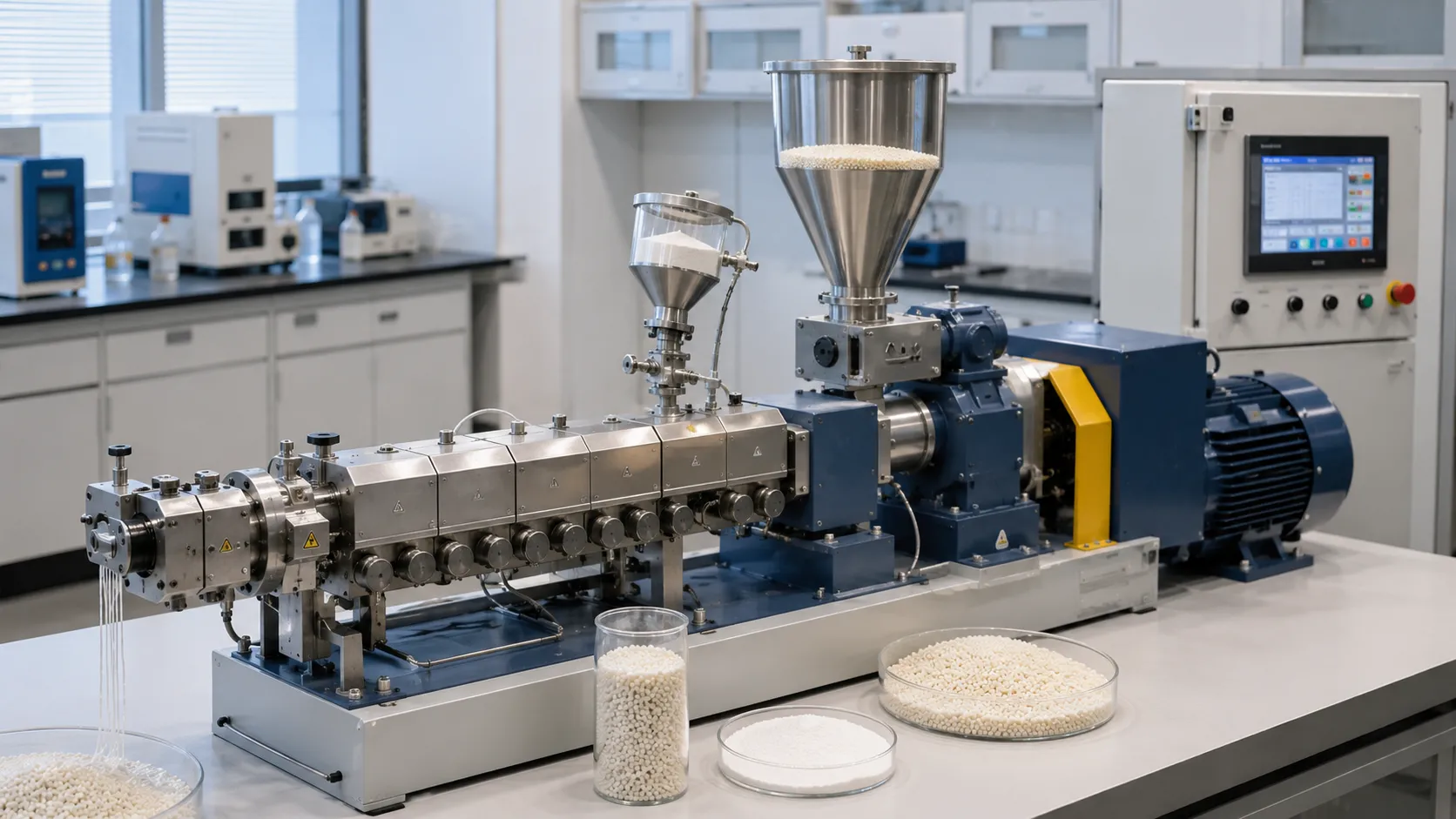 Laboratory extruder with dual stainless steel hoppers producing functional modified materials with pellet samples powder additives and granules for flame retardant antioxidant and UV stabilizer compounding